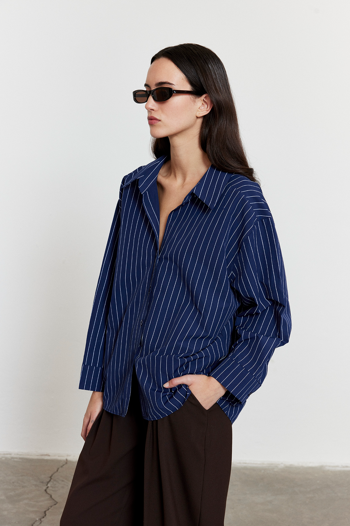 Çizgili Oversize Gömlek Lacivert