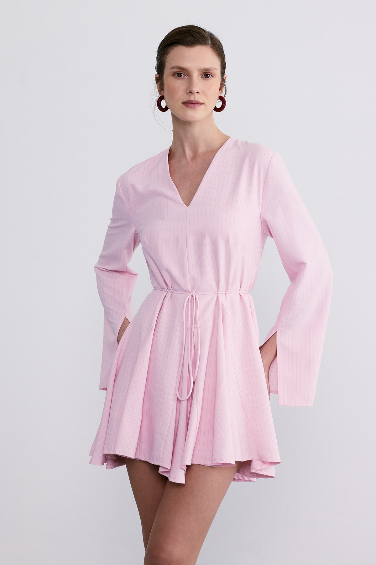 Çizgili Poplin Elbise Pembe
