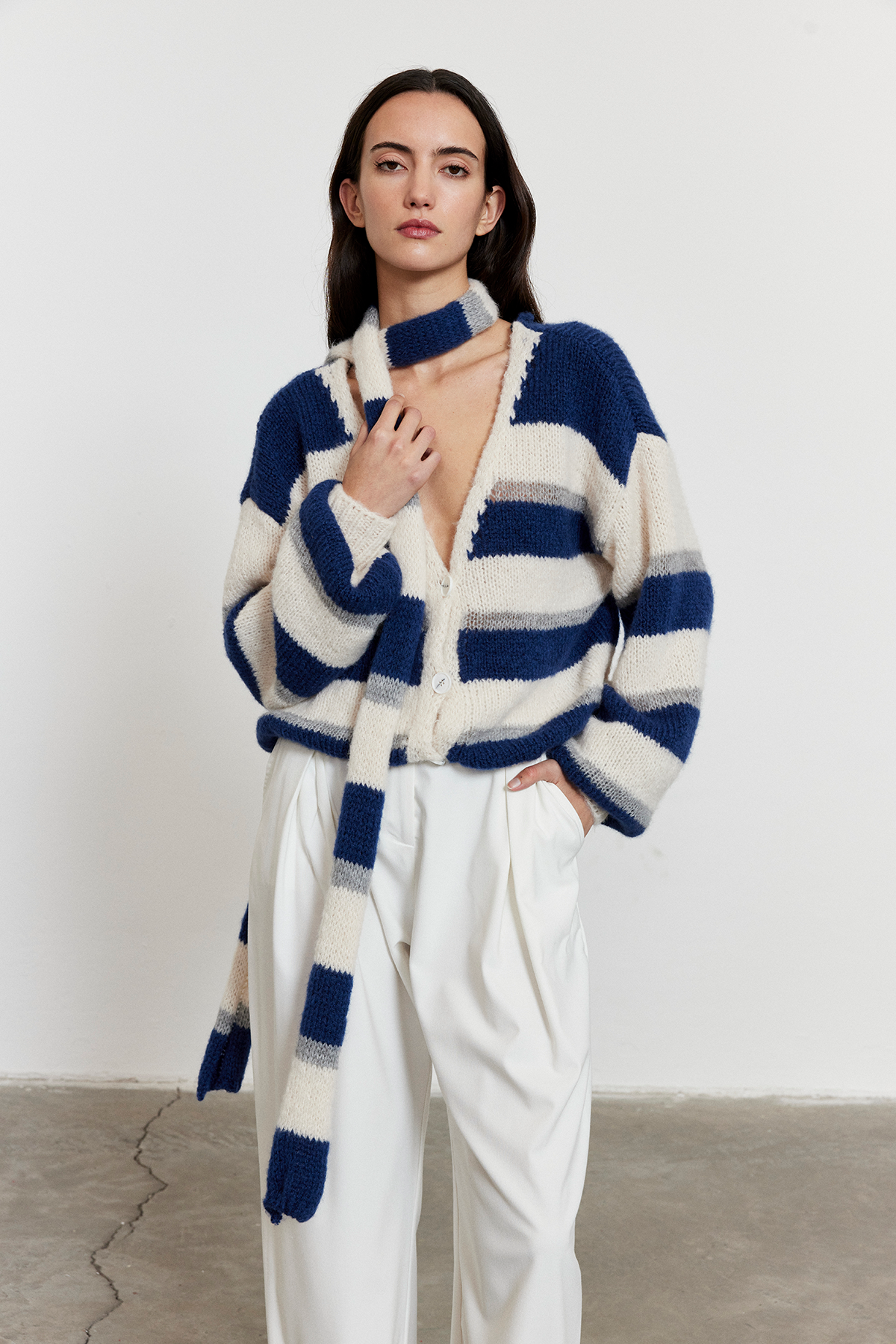 Çizgili Şal Detay Oversize Hırka Mavi