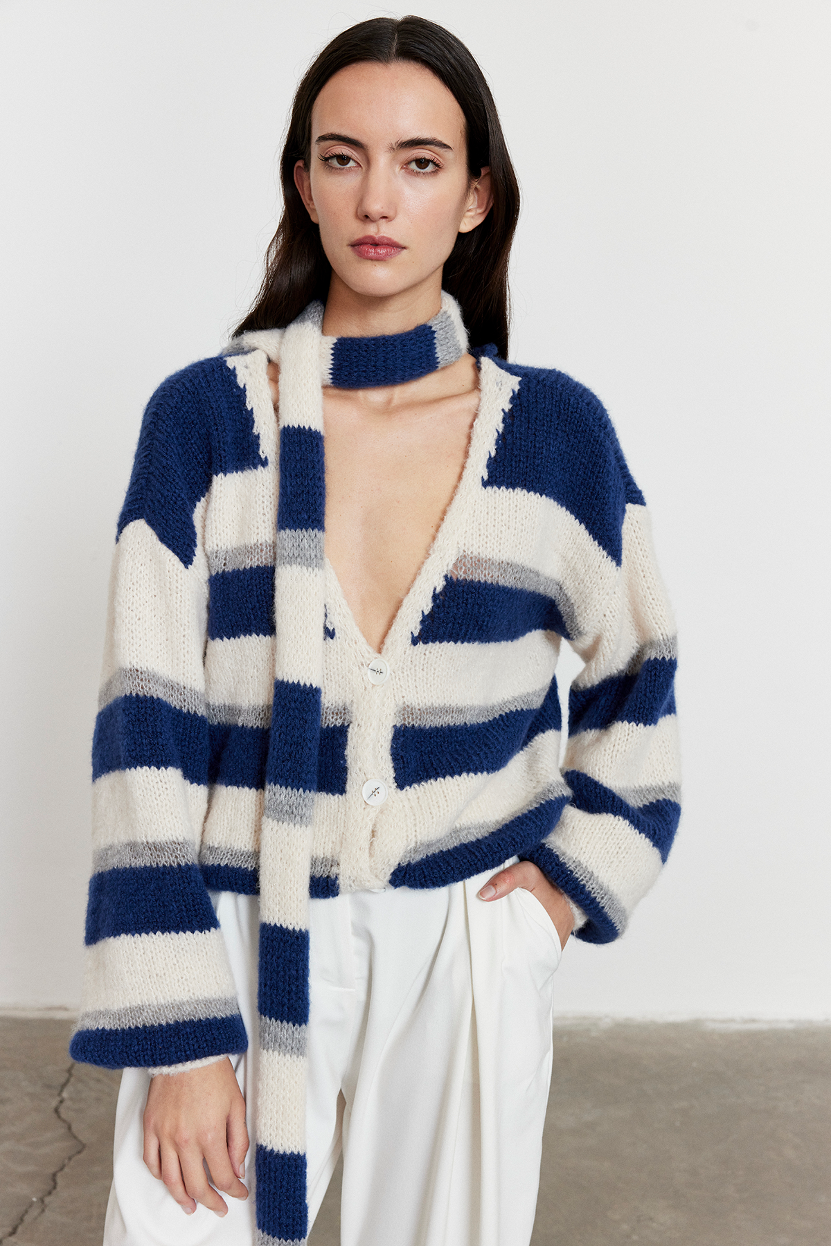 Çizgili Şal Detay Oversize Hırka Mavi