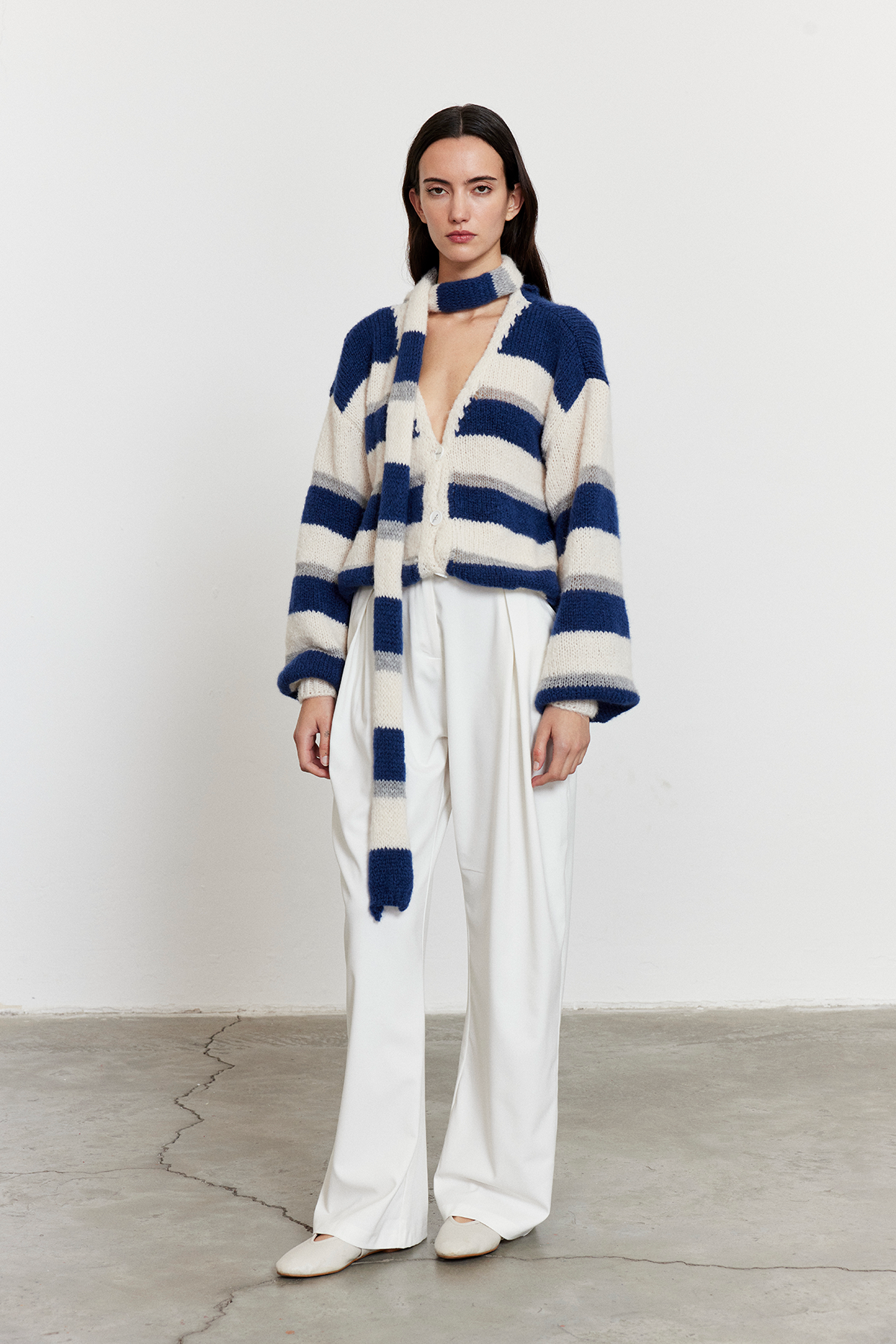 Çizgili Şal Detay Oversize Hırka Mavi