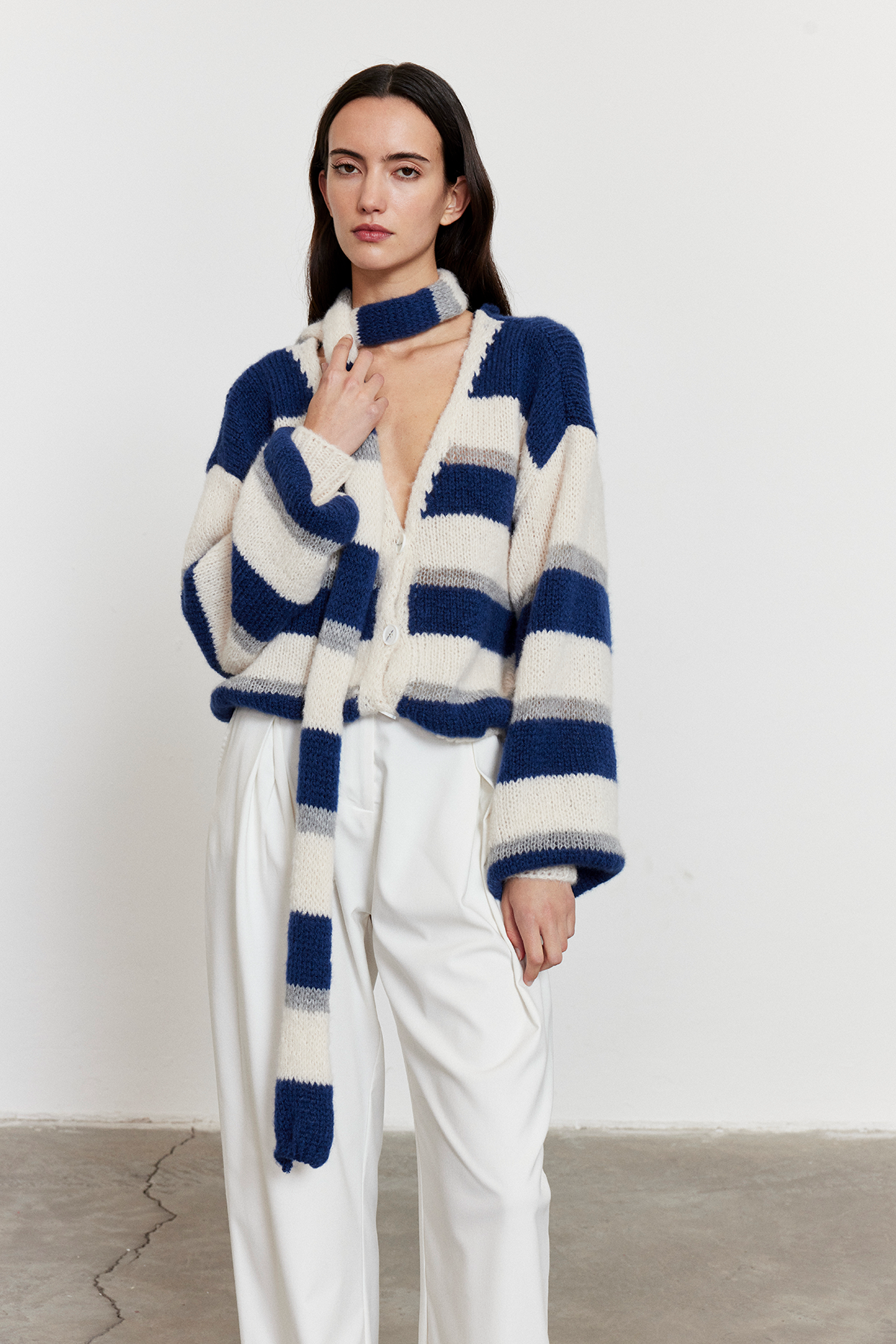 Çizgili Şal Detay Oversize Hırka Mavi