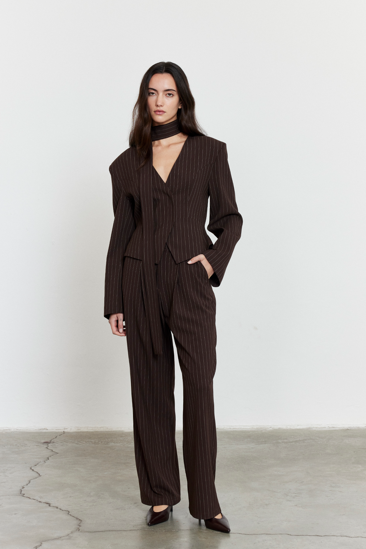 Çizgili Yüksek Bel Palazzo Pantolon Acı Kahve