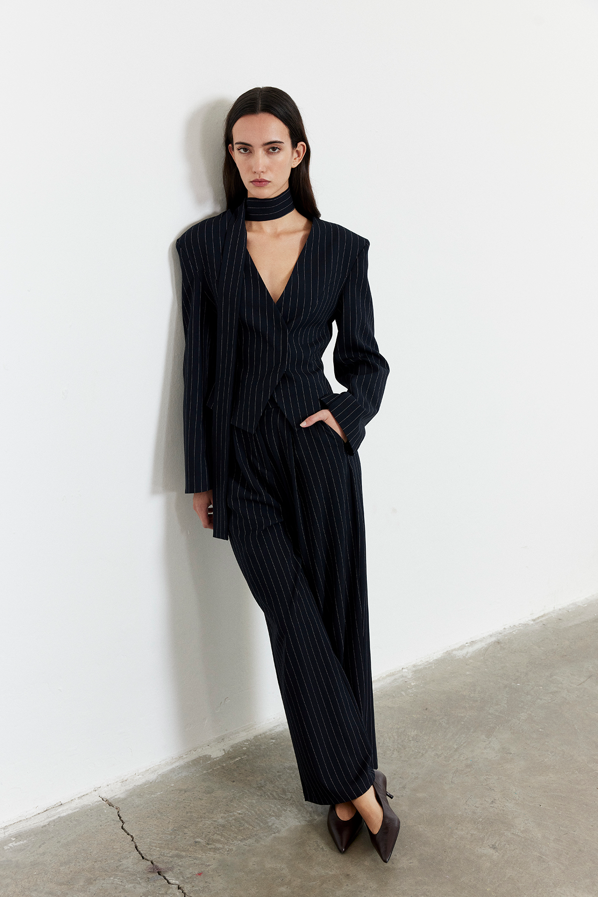 Çizgili Yüksek Bel Palazzo Pantolon Lacivert