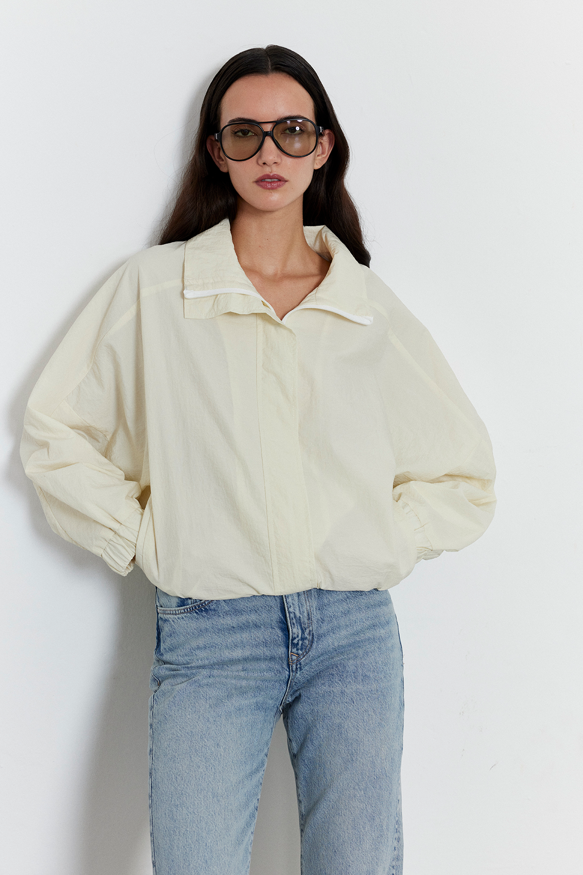 Fermuarlı Oversize Ceket Ekru