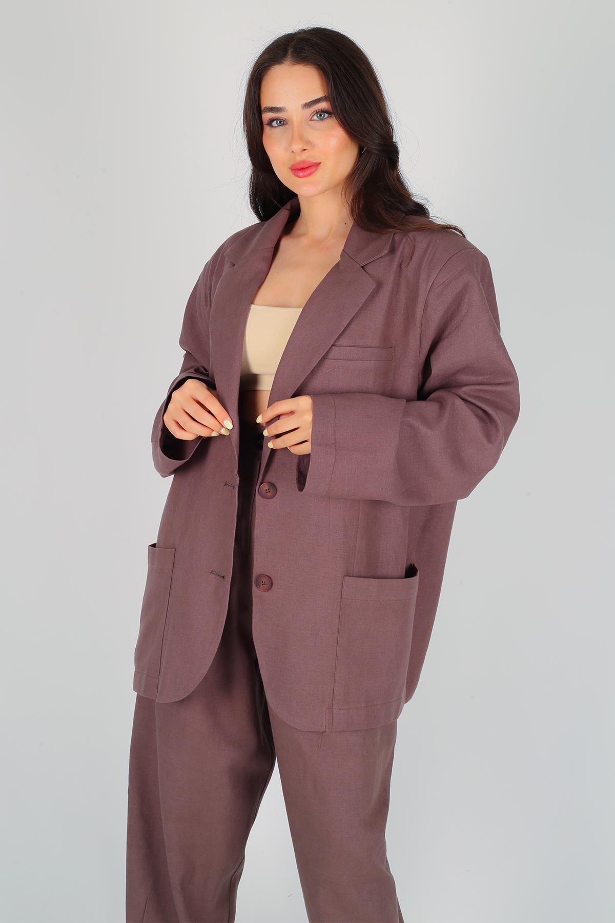 Kahverengi Oversize Düğmeli Keten Ceket 