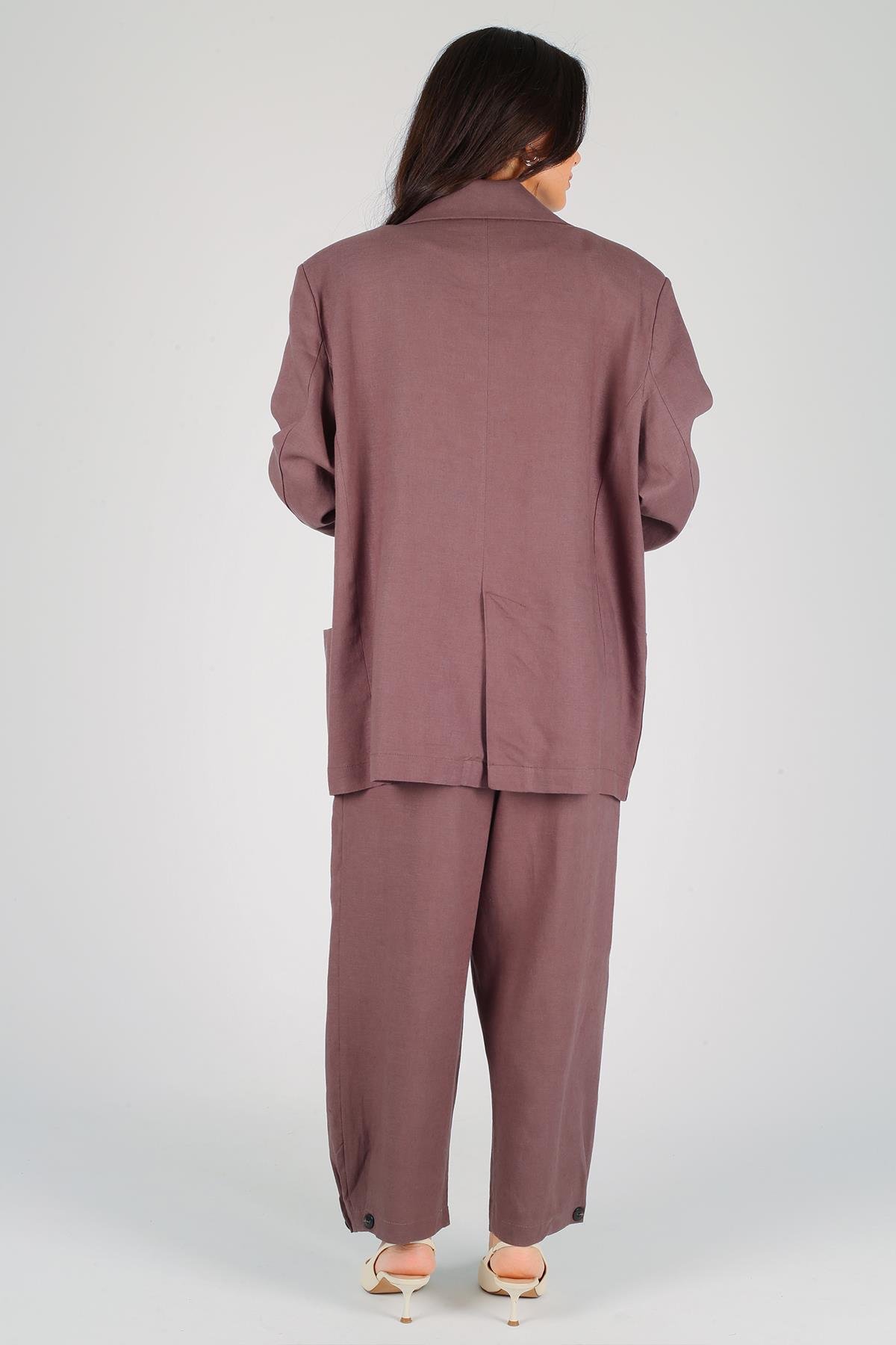 Kahverengi Oversize Düğmeli Keten Ceket 