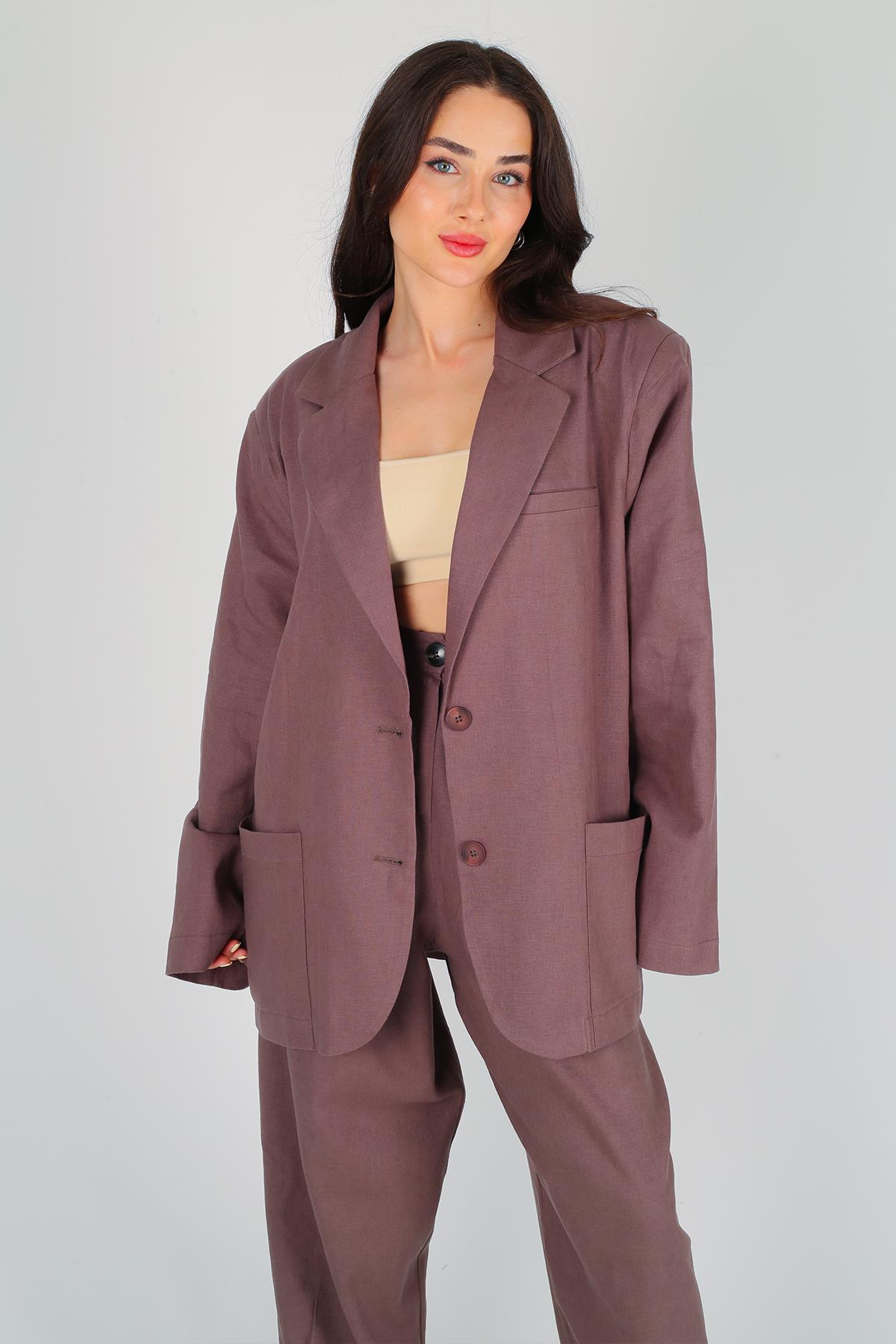 Kahverengi Oversize Düğmeli Keten Ceket 