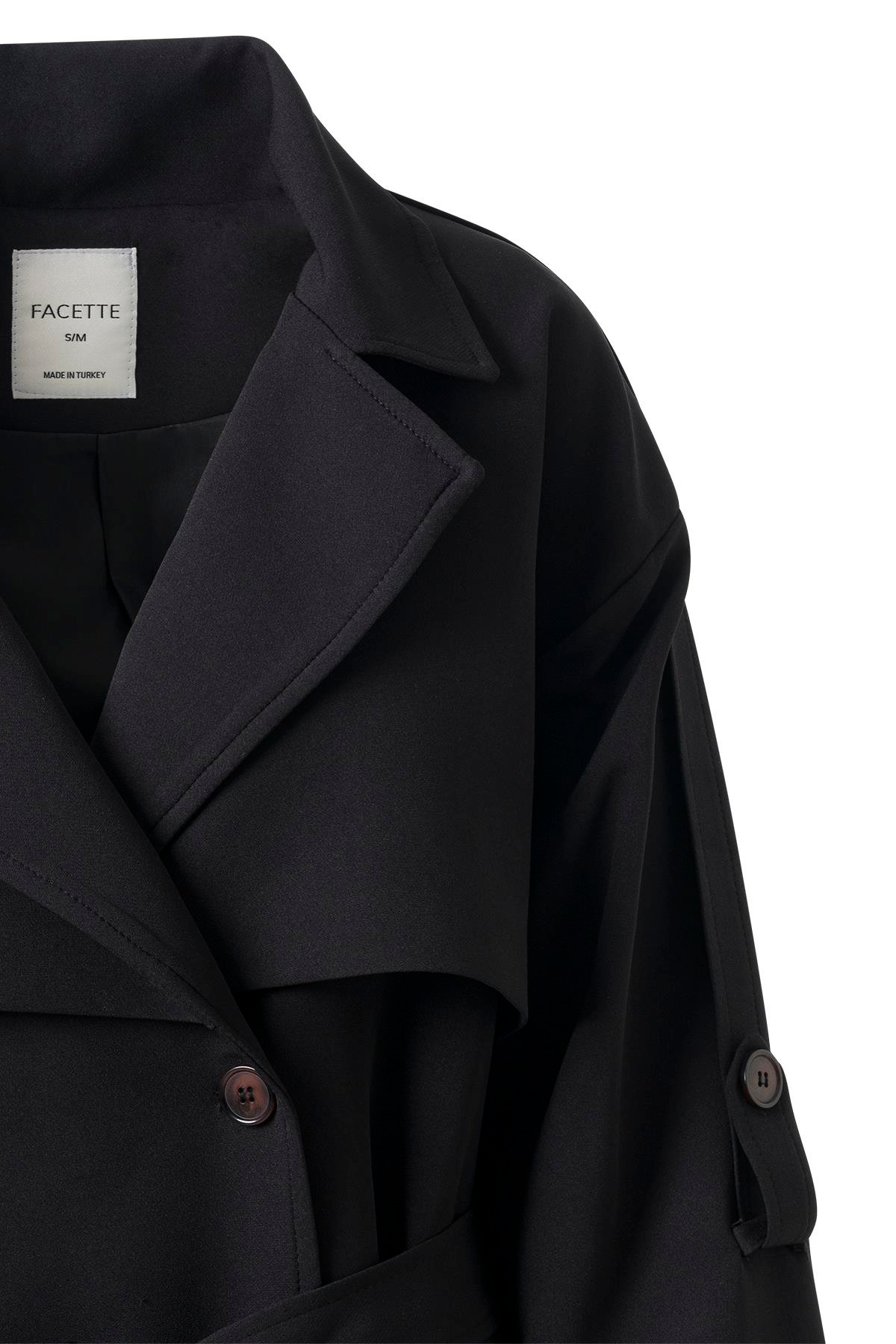 Kol Apoletli Rüzgarlıklı Oversize Trençkot Siyah