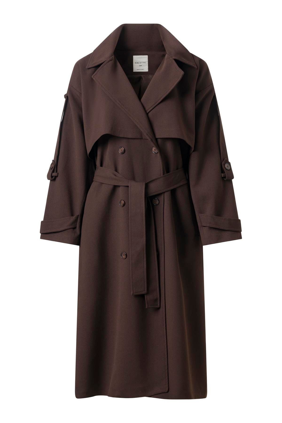 Kol Apoletli Rüzgarlıklı Oversize Trençkot Acı Kahve