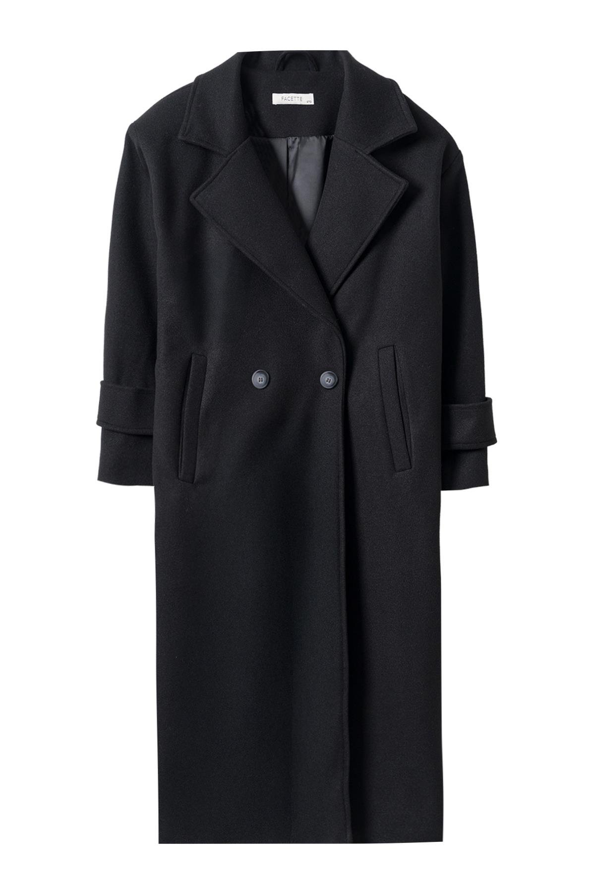 Linea Apoletli Uzun Kaşe Kaban Siyah