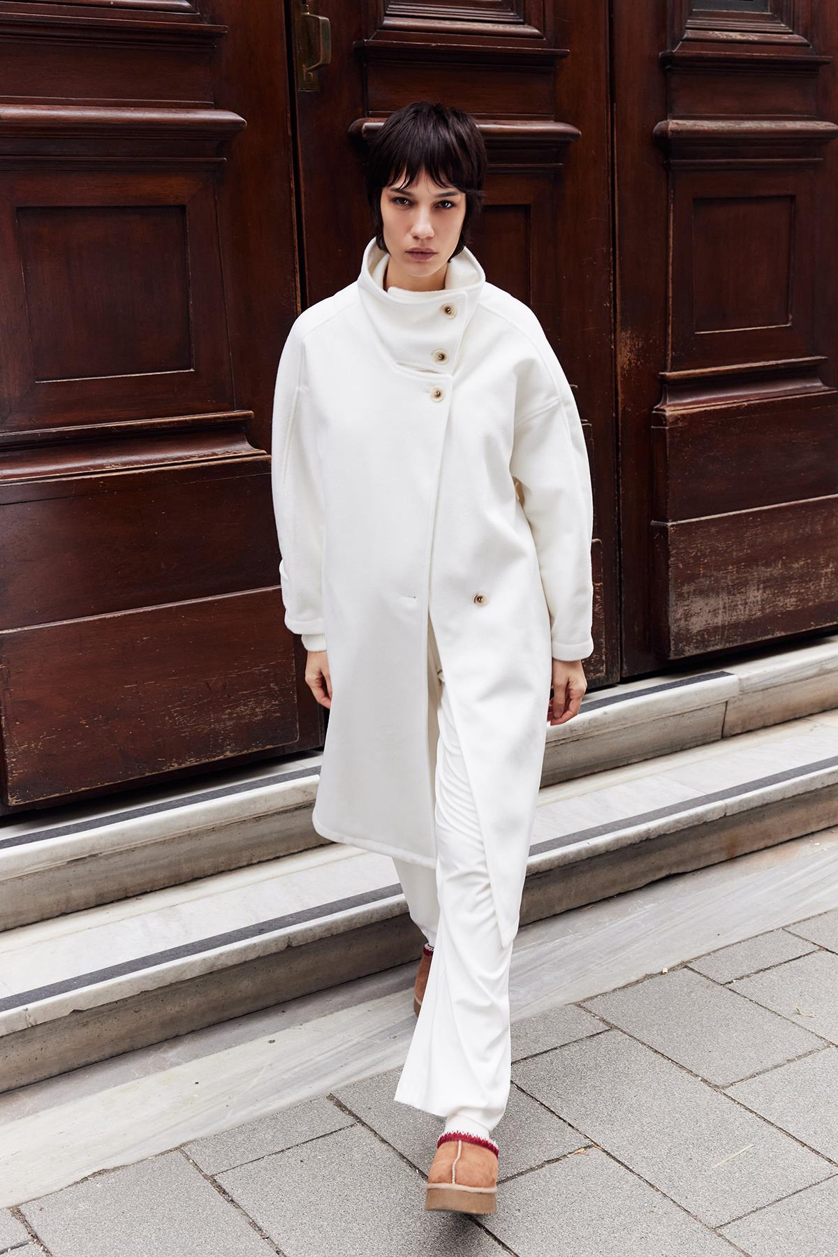 Mirelle Dik Yaka Kaşe Kaban Ekru