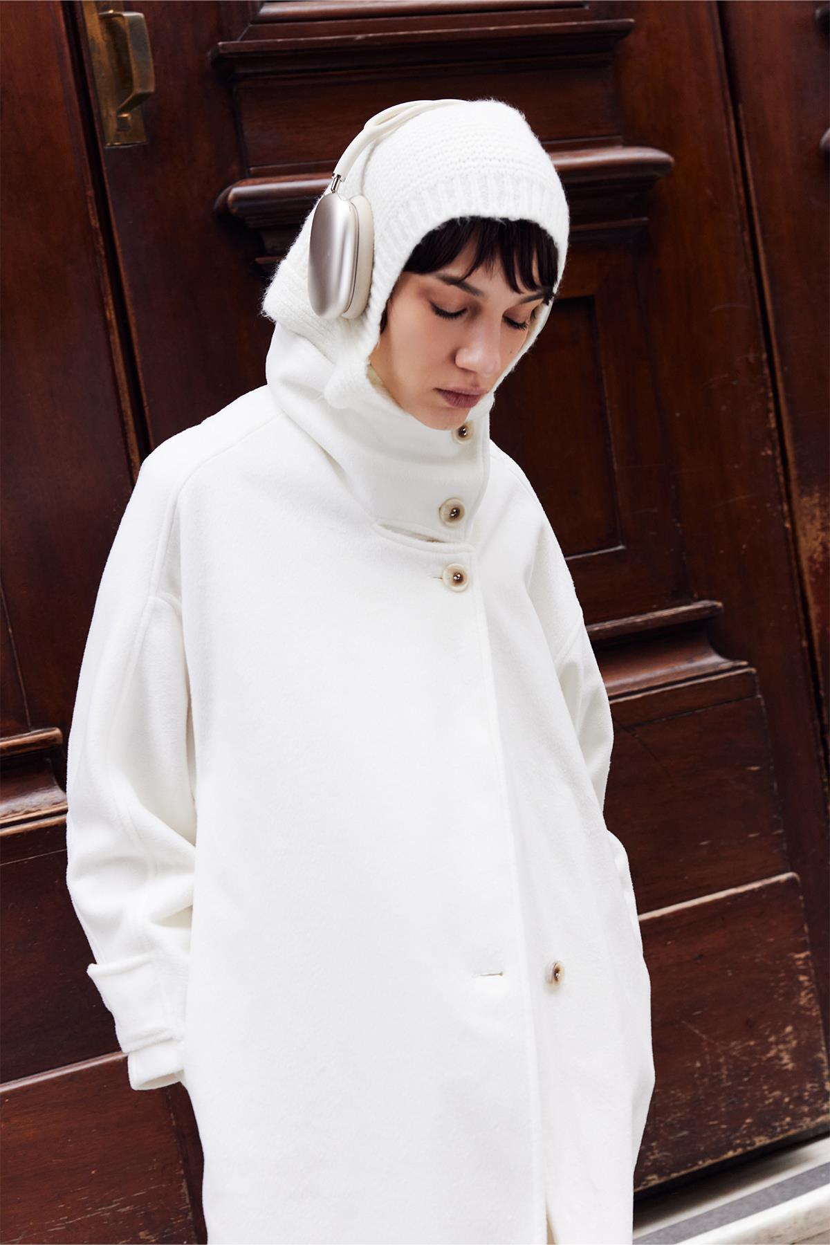 Mirelle Dik Yaka Kaşe Kaban Ekru