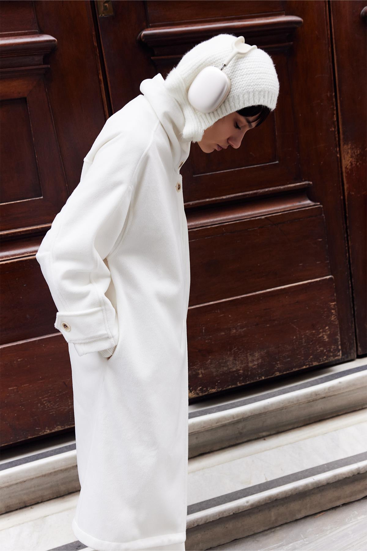 Mirelle Dik Yaka Kaşe Kaban Ekru