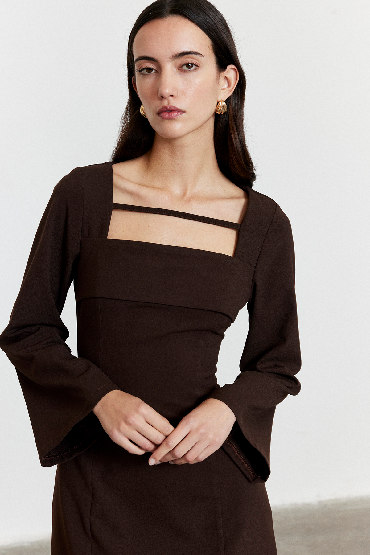 Önü biye Detay Mini Elbise Acı Kahve