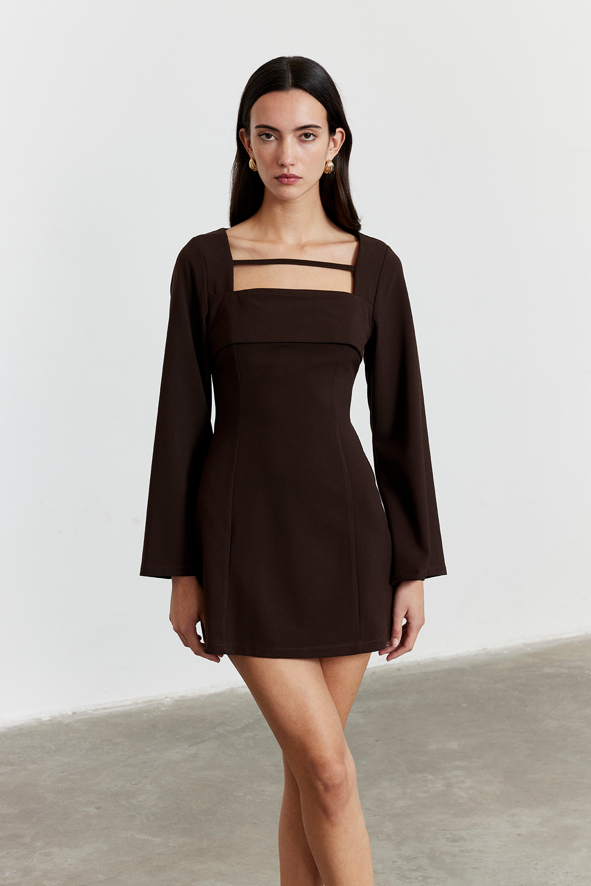 Önü biye Detay Mini Elbise Acı Kahve
