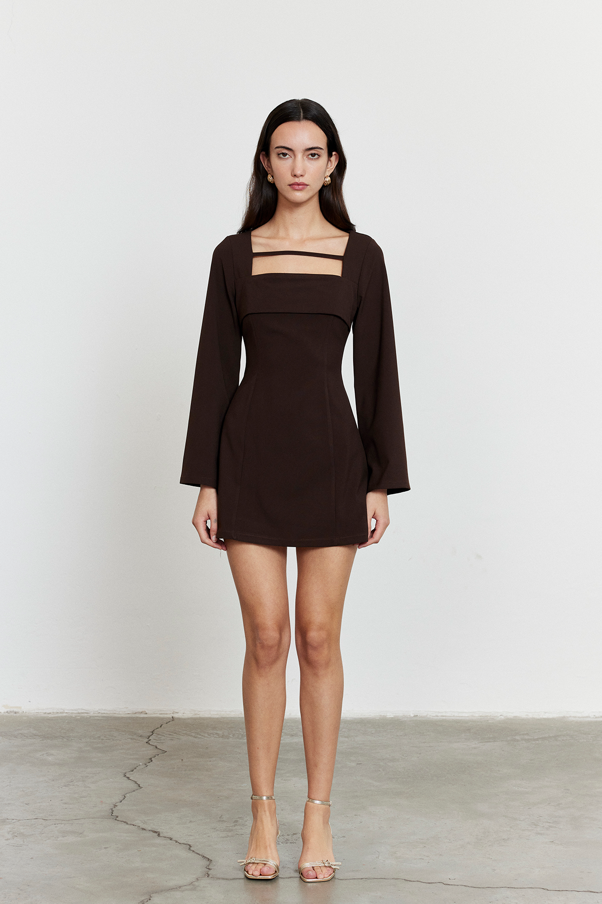 Önü biye Detay Mini Elbise Acı Kahve
