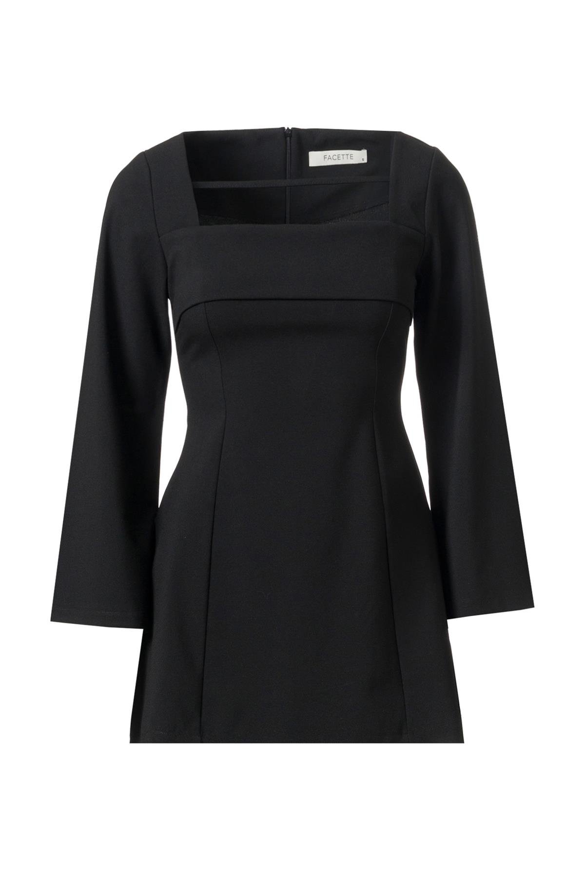 Önü Biye Detay Mini Elbise Siyah