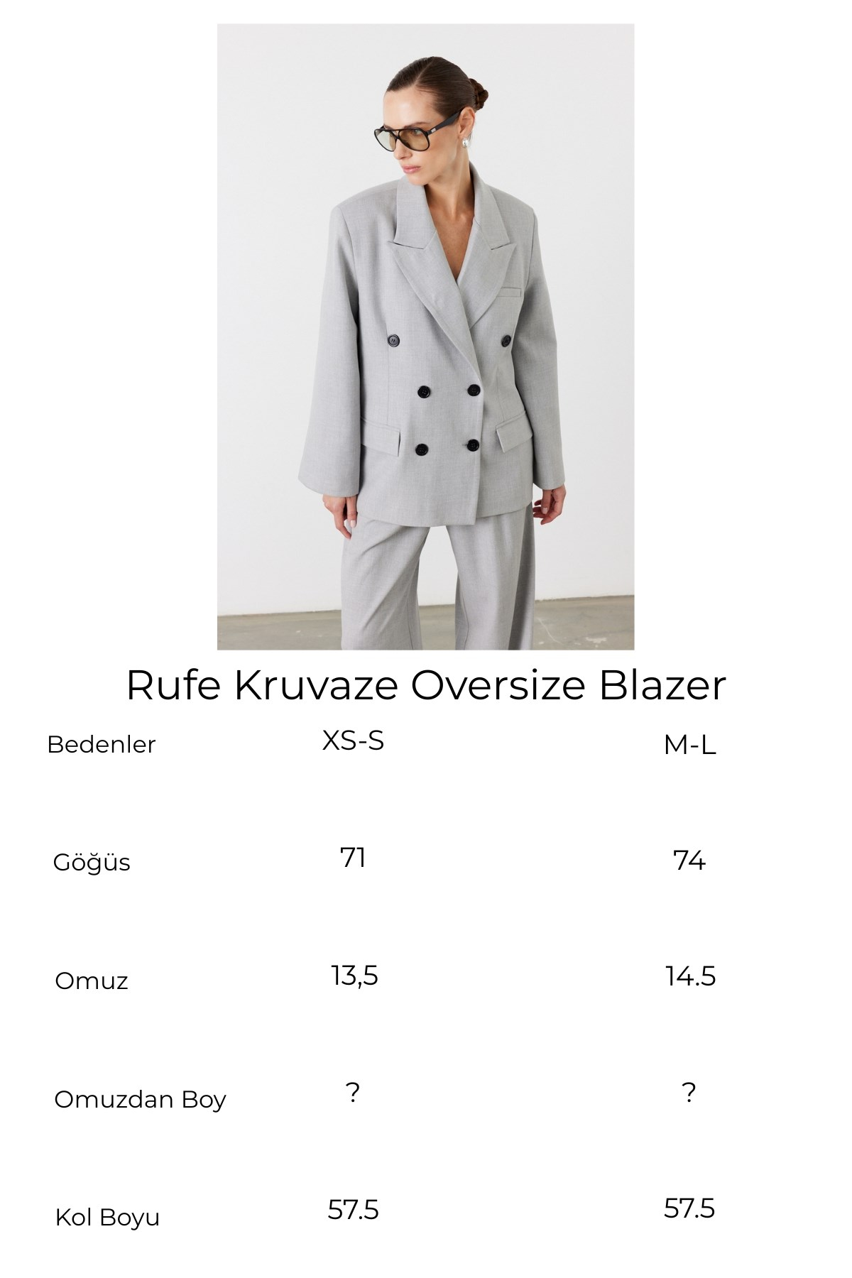 Rufe Kruvaze Oversize Blazer Açık Gri