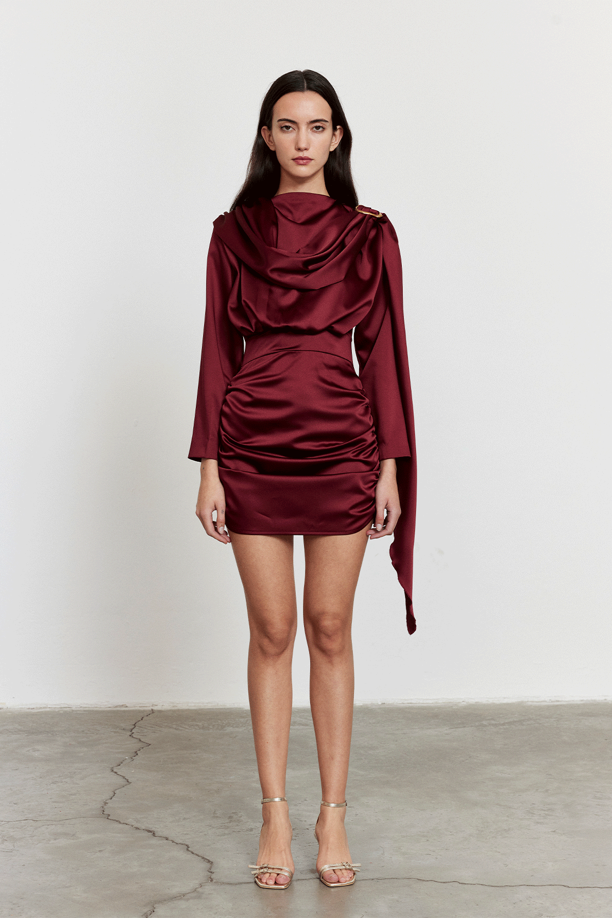 Şal Detay Saten Mini Elbise Bordo