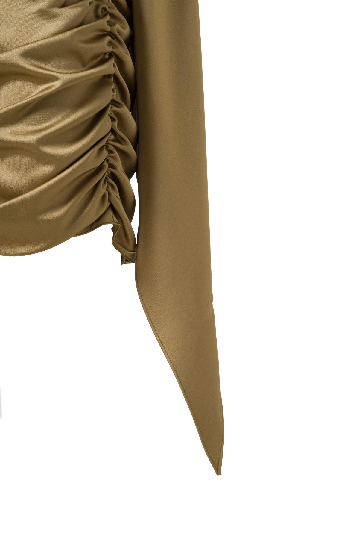 Şal Detay Saten Mini Elbise Yağ Yeşili