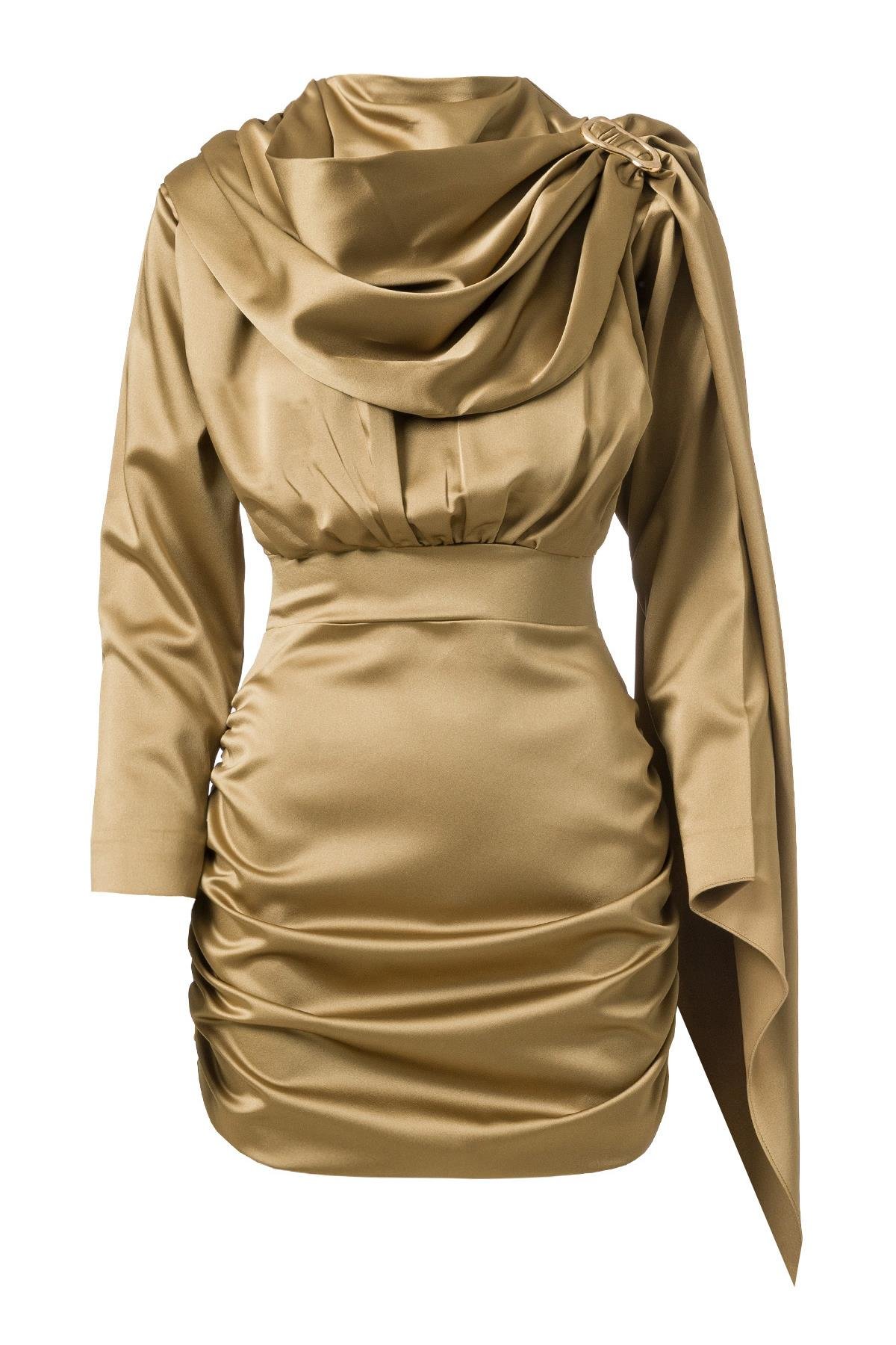 Şal Detay Saten Mini Elbise Yağ Yeşili