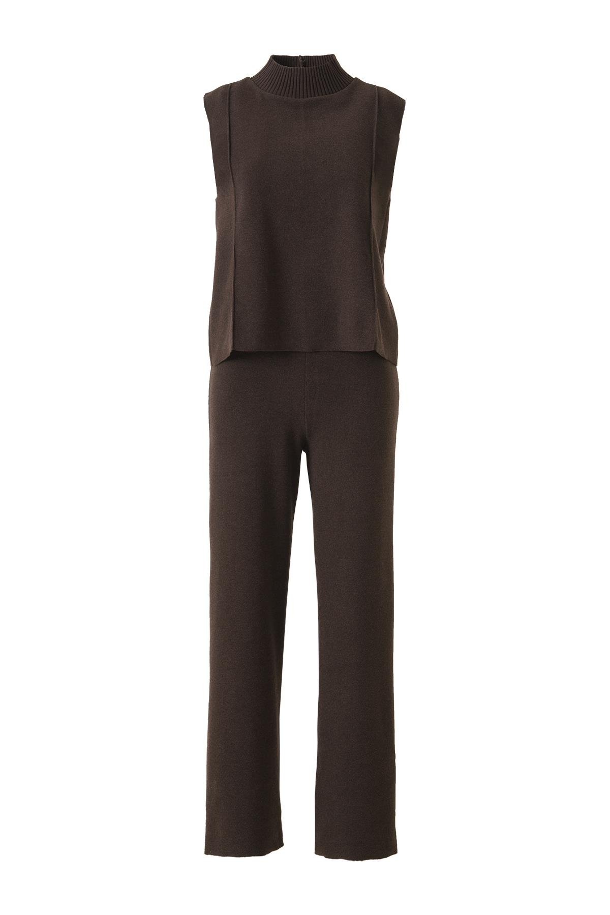 Şardonlu Kolsuz Bluz Pantolon Takım Acı Kahve