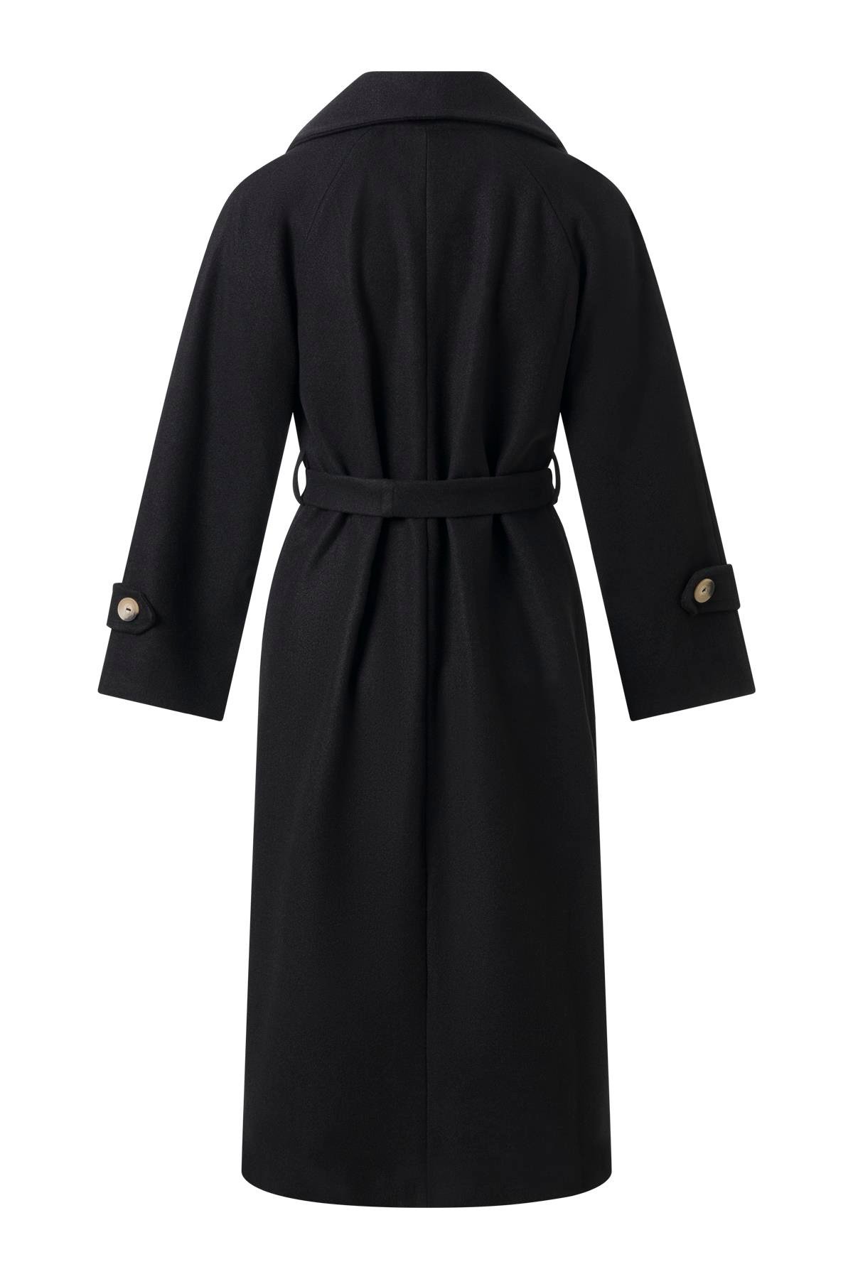 Siyah Kol Apoletli Kuşaklı Kaşe Kaban SİYAH