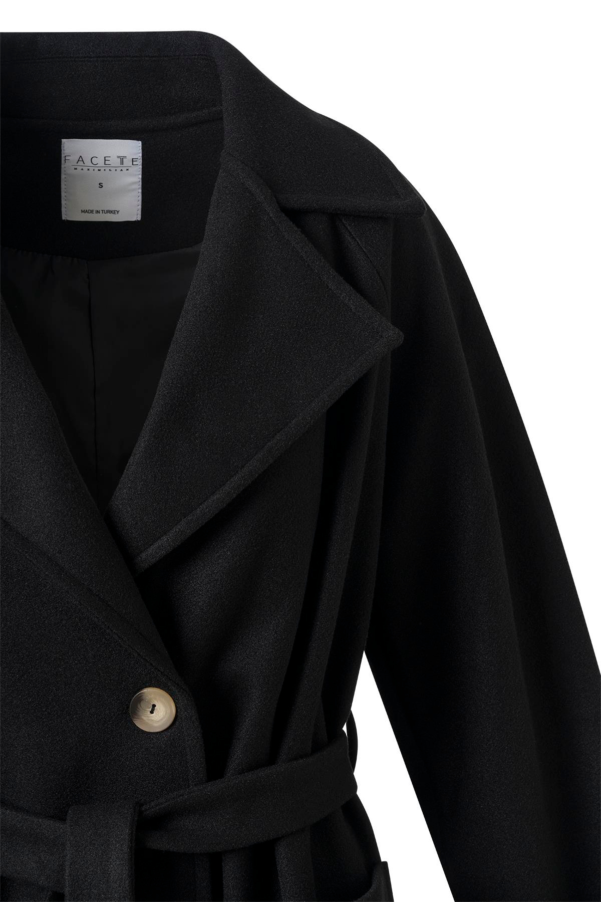 Siyah Kol Apoletli Kuşaklı Kaşe Kaban SİYAH