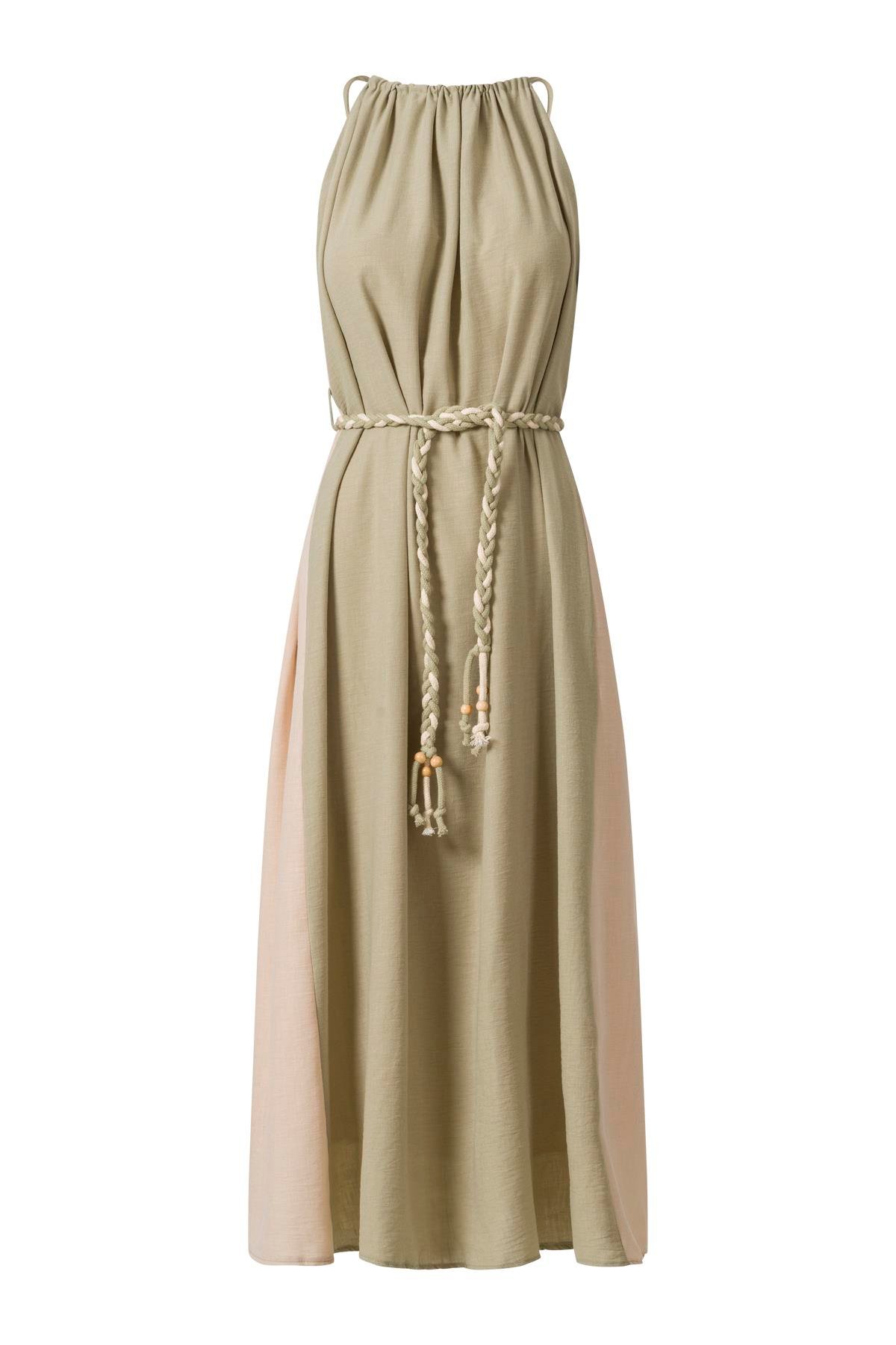 Su Yeşili Çift Renkli Elbise