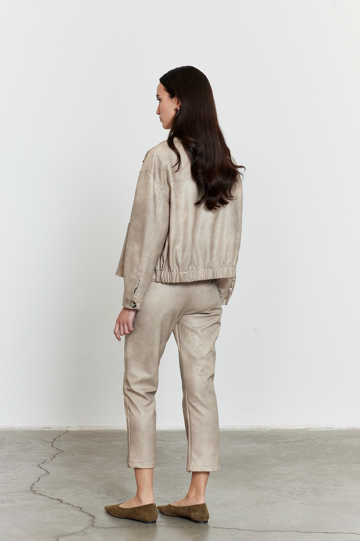 Suni Deri Bomber Ceket Bej