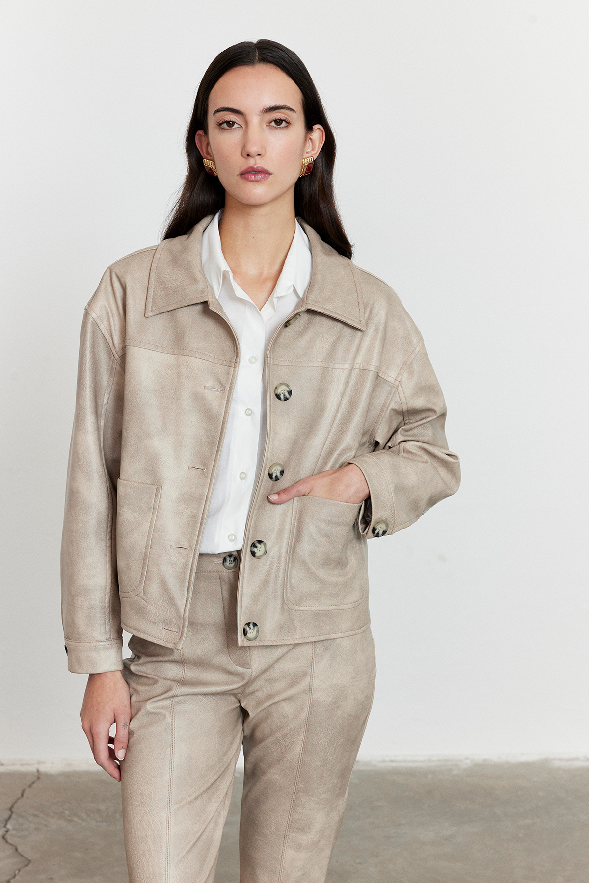 Suni Deri Bomber Ceket Bej