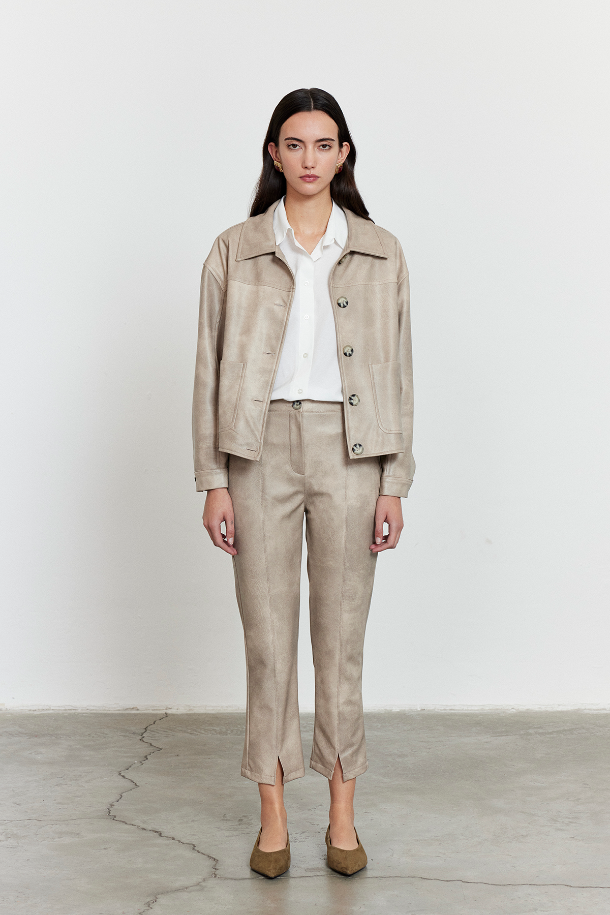 Suni Deri Bomber Ceket Bej