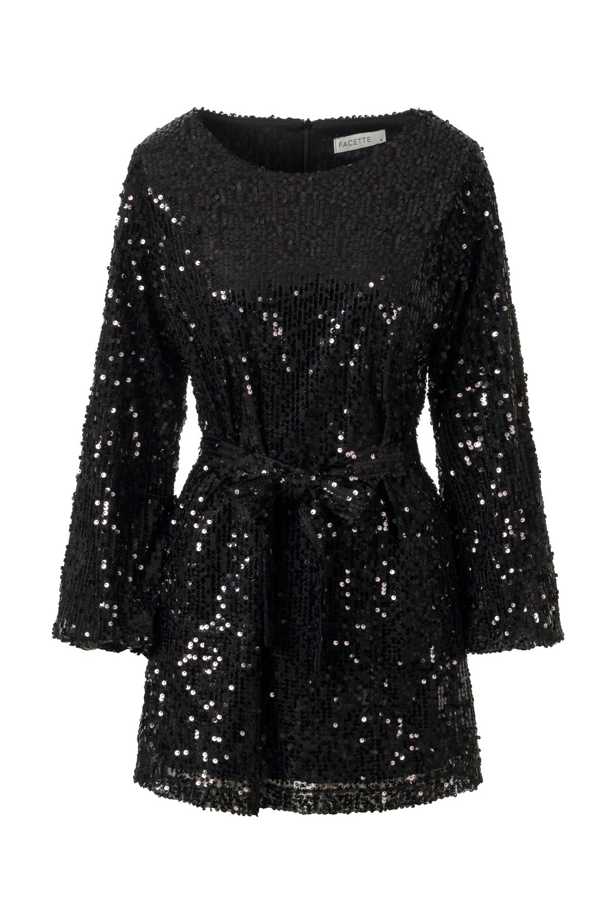 Uzun Kollu Payetli Elbise SİYAH