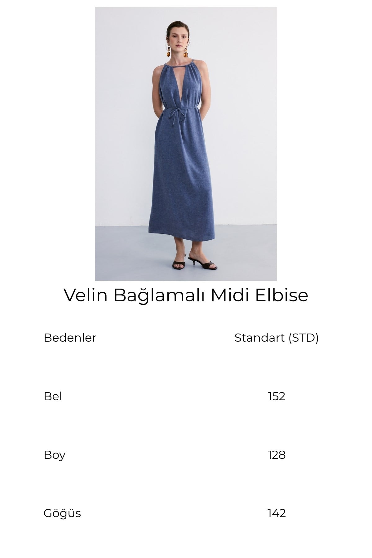Velin Bağlamalı Midi Elbise Mavi