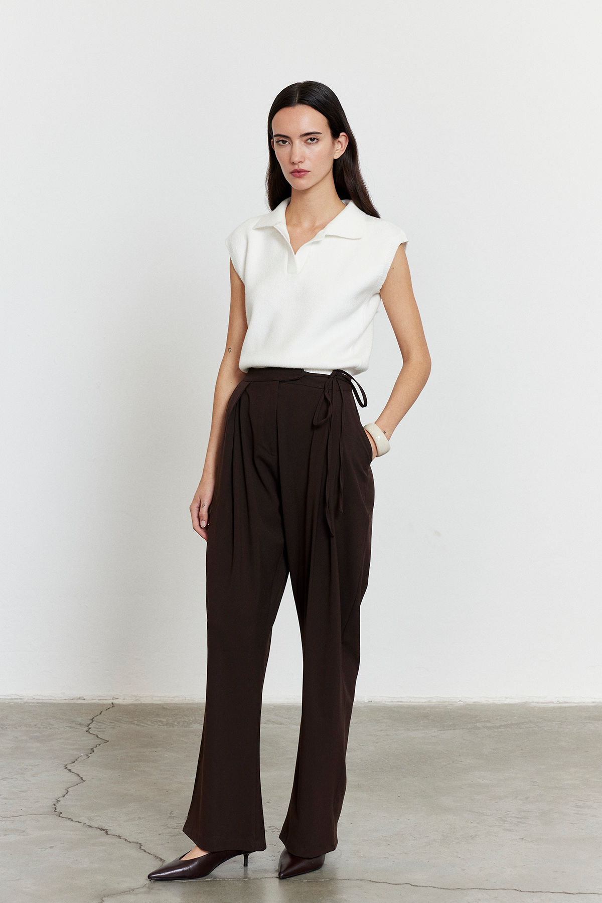 Yandan Bağlamalı Palazzo Pantolon Acı Kahve