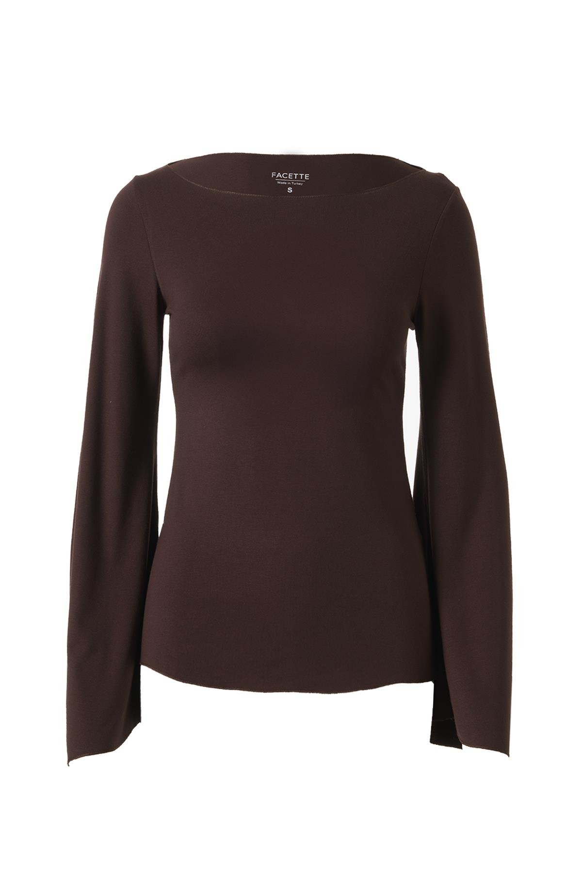 Yarasa Kol Kayık Yaka Bluz Acı Kahve