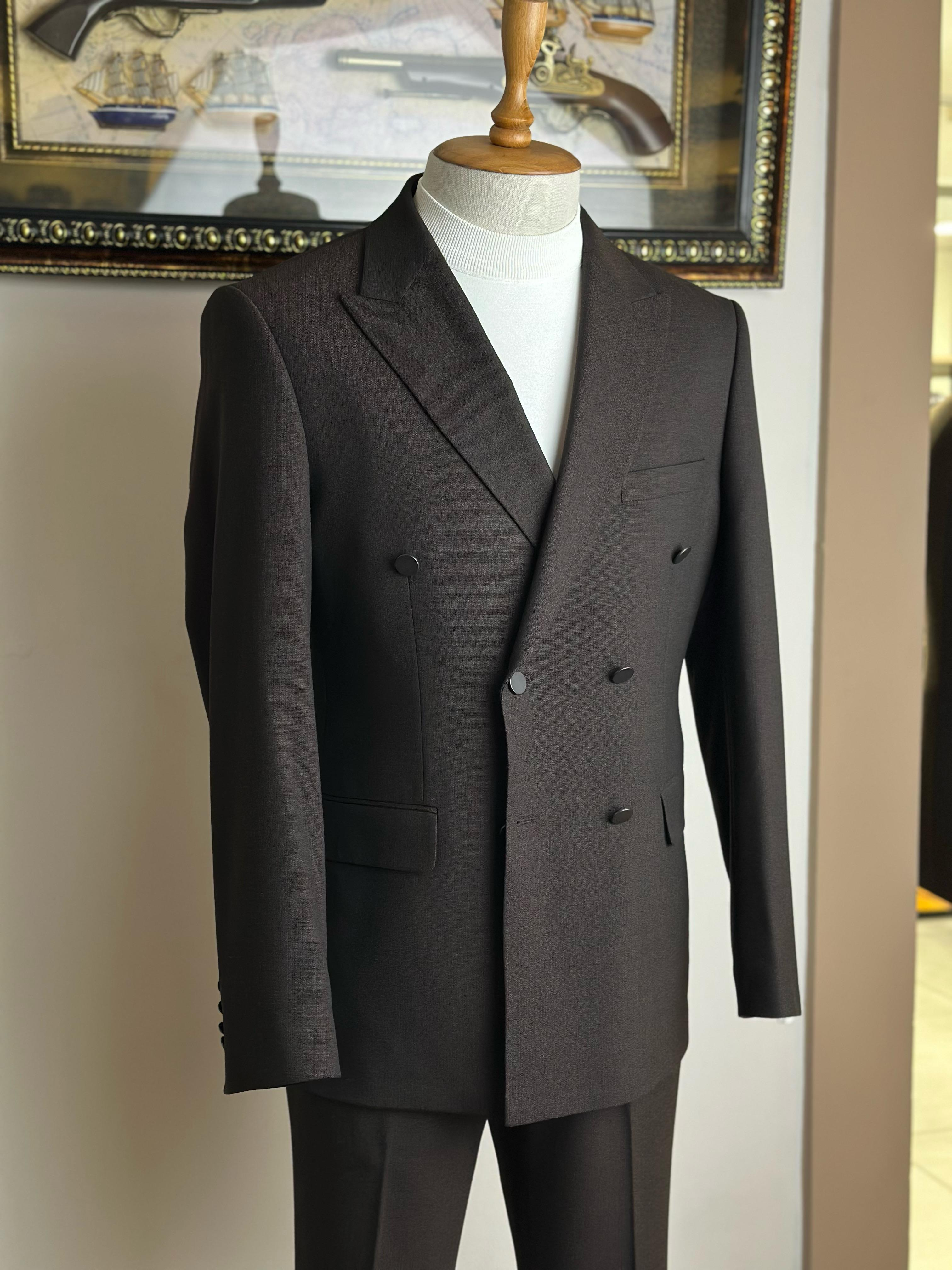 Erkek Slim Fit Acı Kahve Renk Kruvaze Takım Elbise