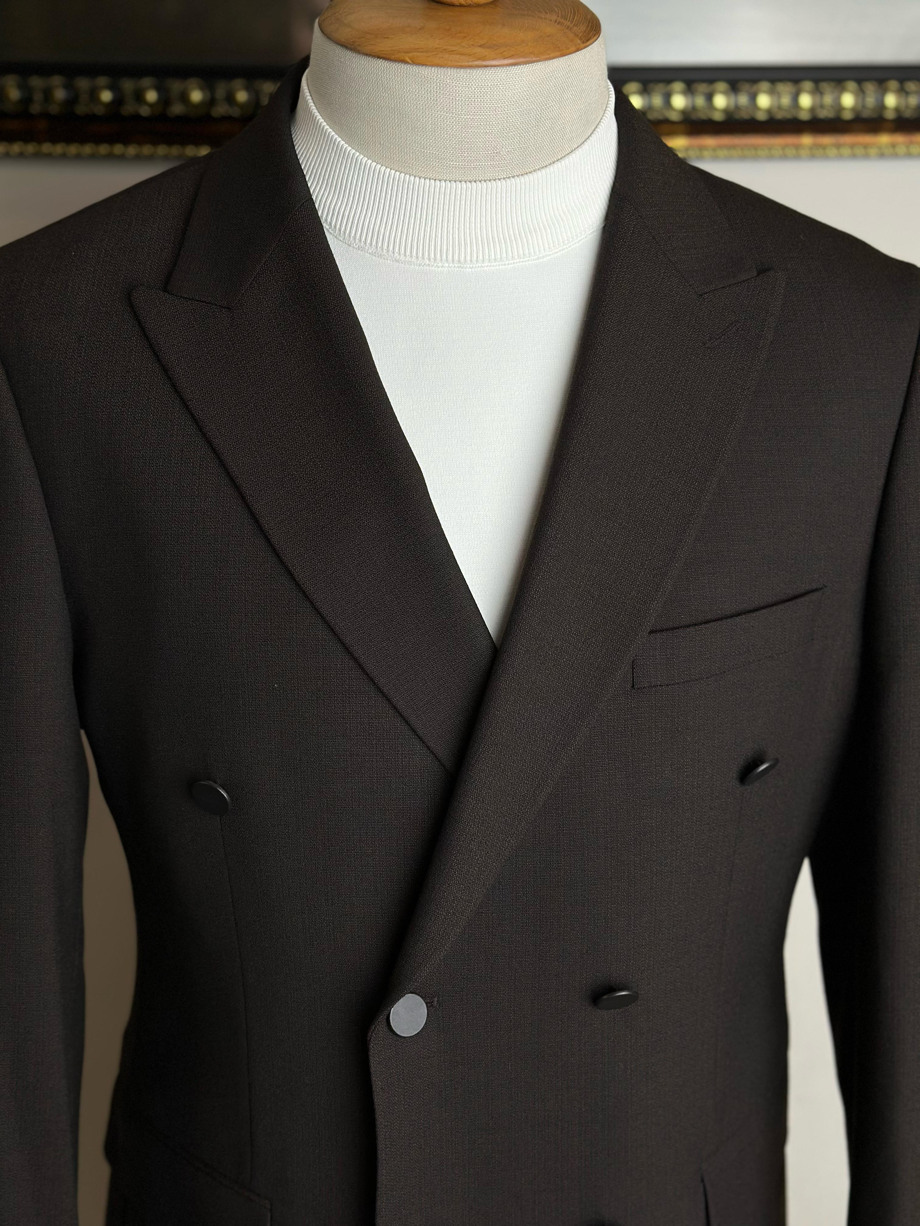 Erkek Slim Fit Acı Kahve Renk Kruvaze Takım Elbise