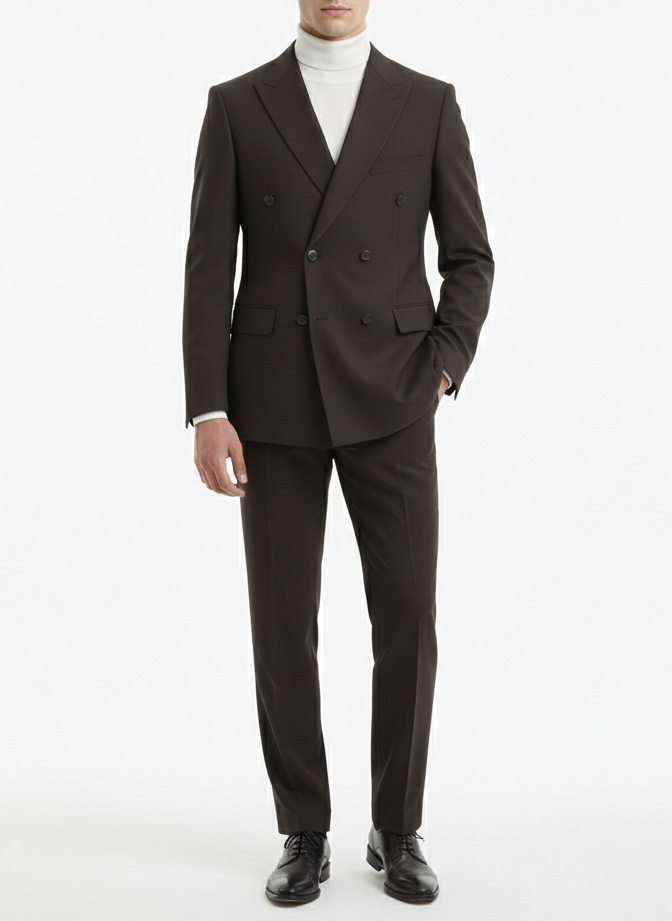 Erkek Slim Fit Acı Kahve Renk Kruvaze Takım Elbise
