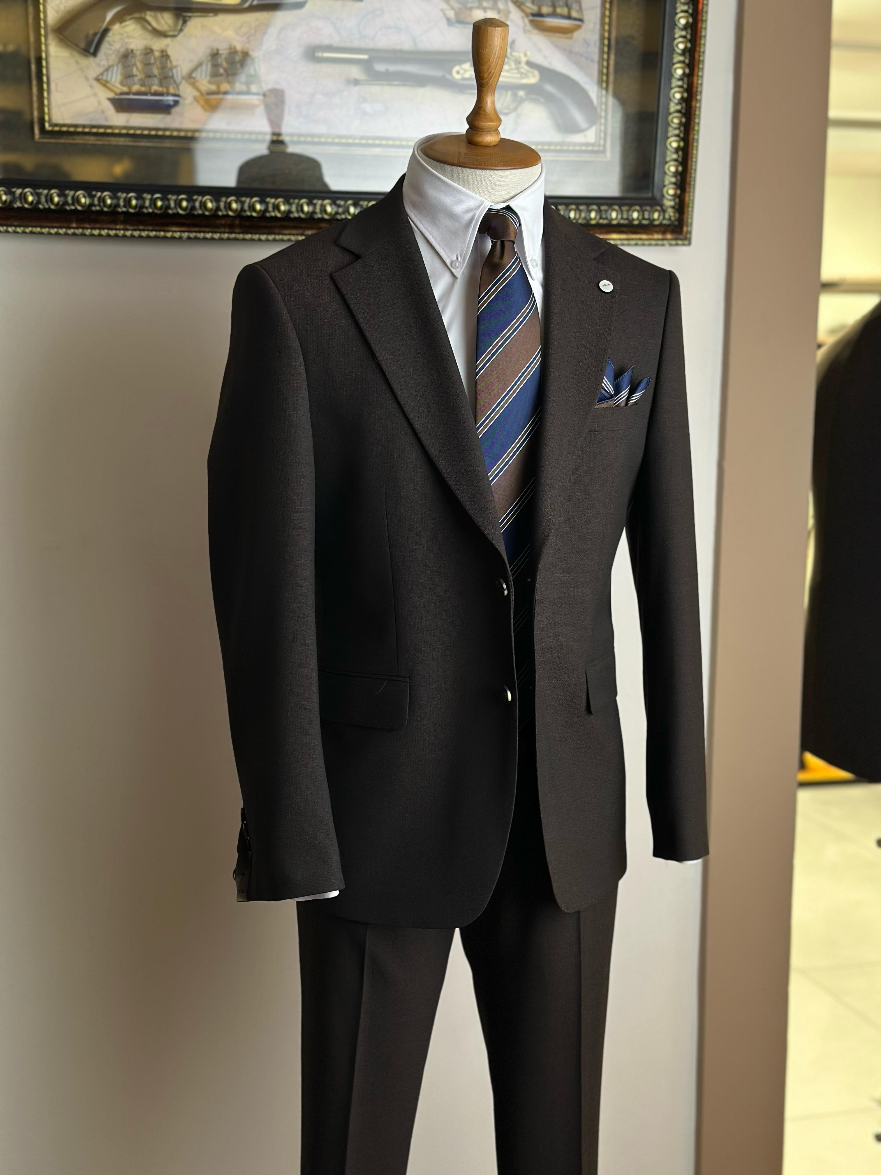 Erkek Slim Fit Acı Kahve Renk Takım Elbise