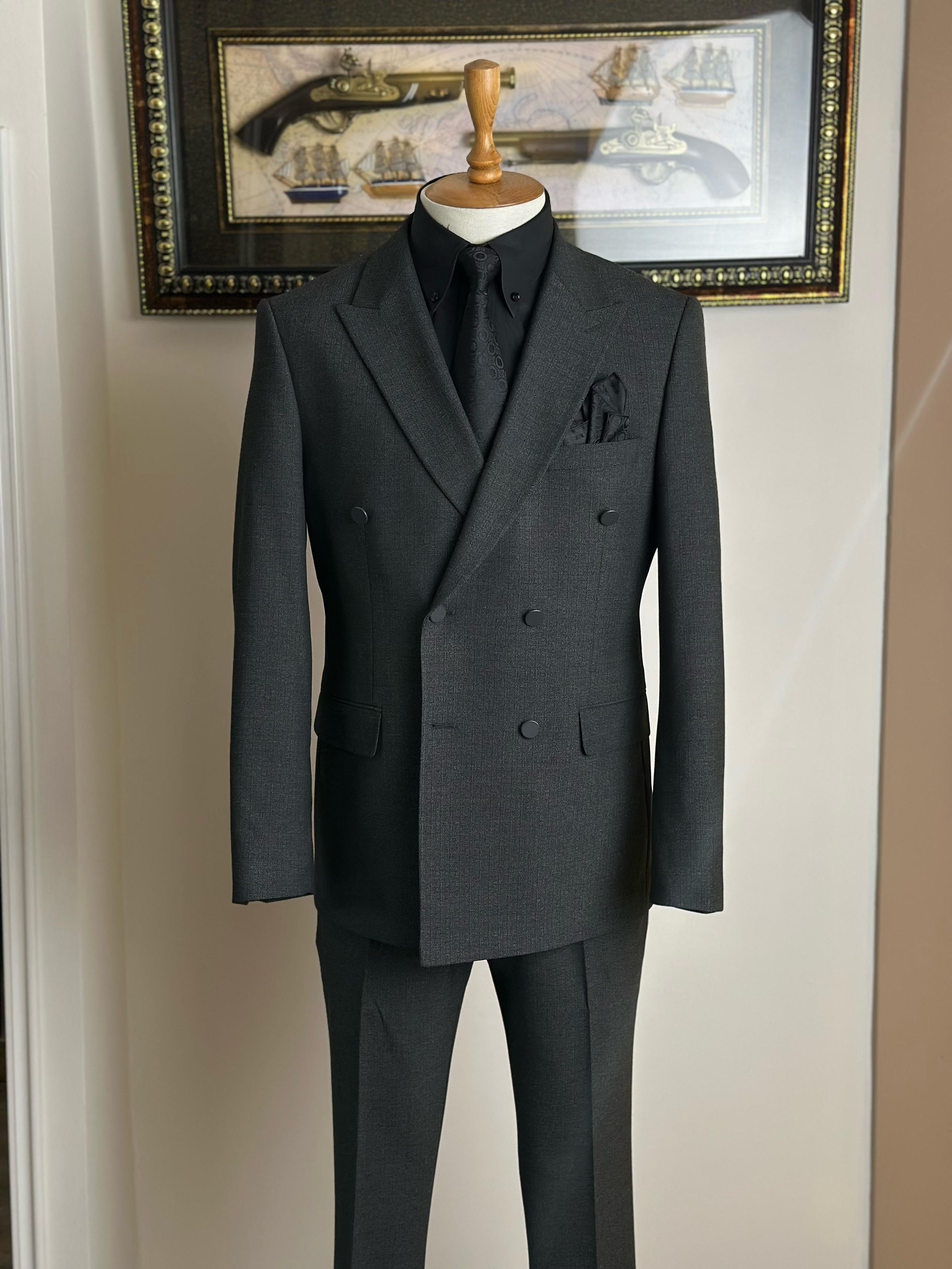 Erkek Slim Fit Antrasit Renk Kruvaze Takım Elbise