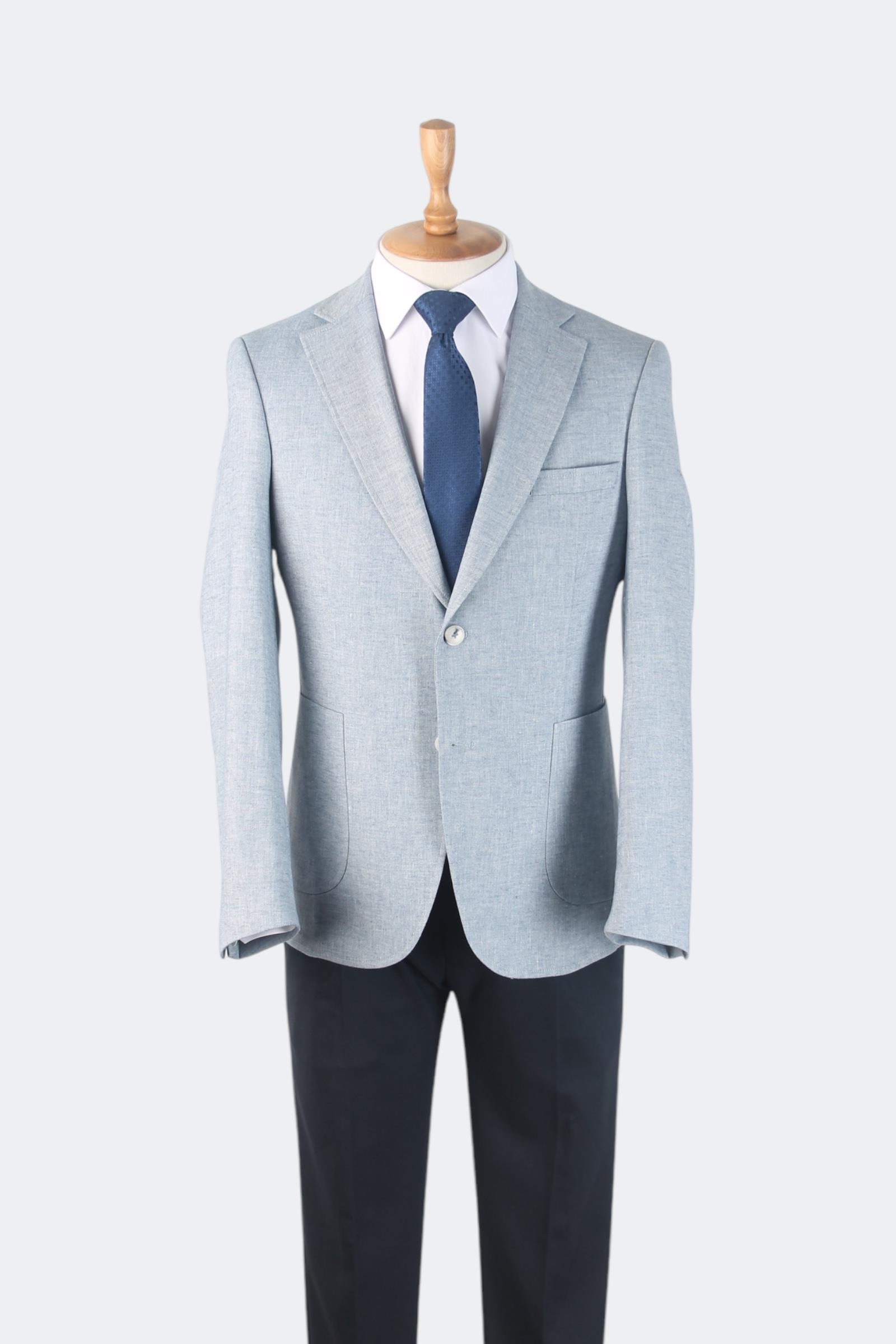 Erkek Slim Fit Buz Mavi Renk Keten Ceket