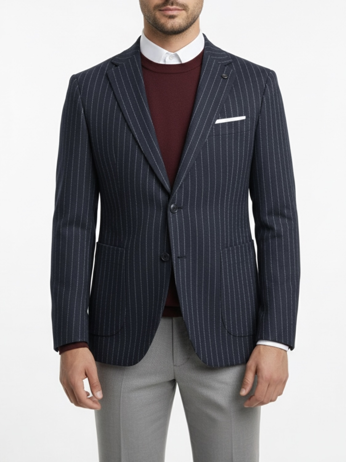 Erkek Slim Fit Çizgili Lacivert Renk Tek Ceket