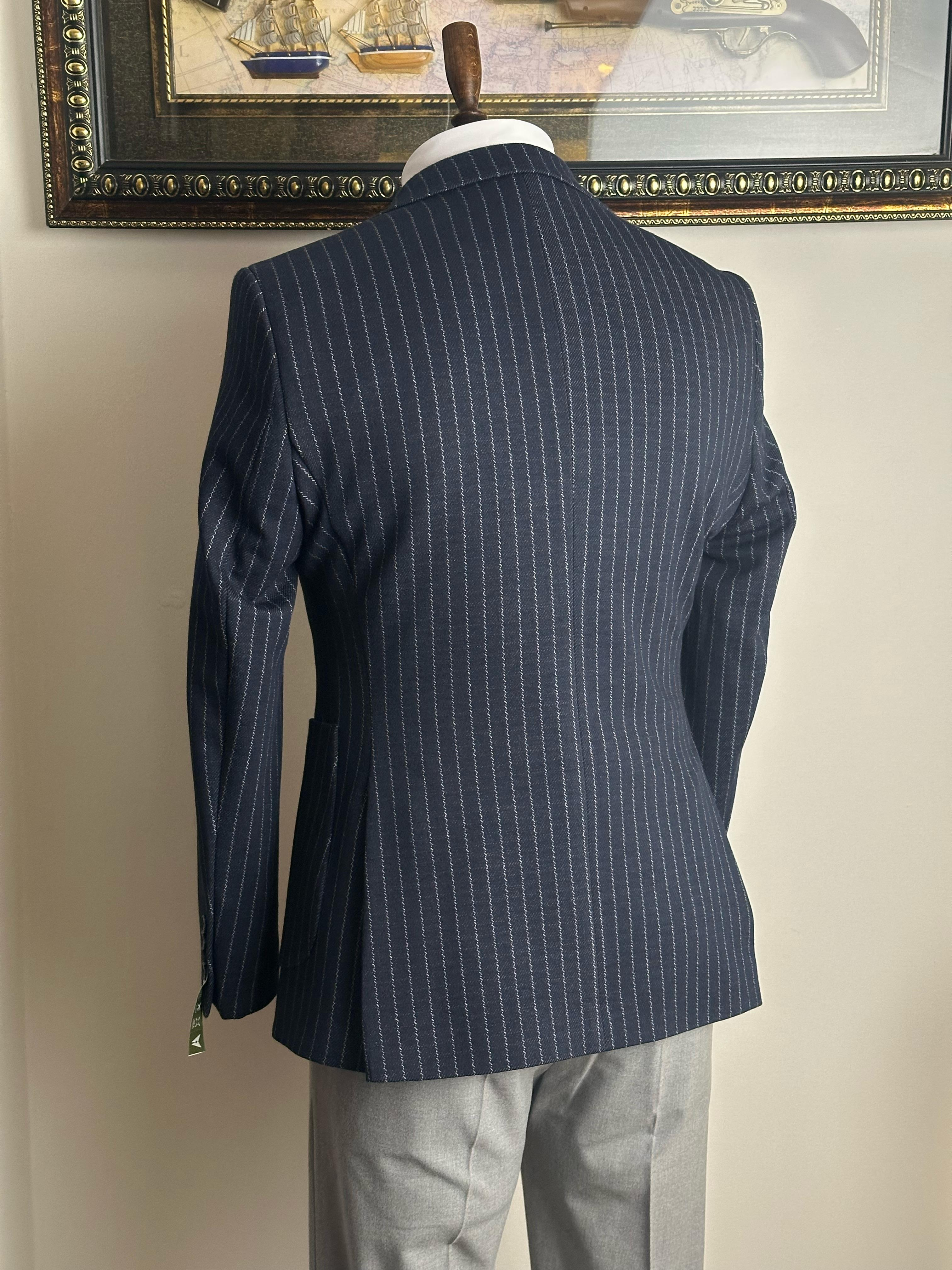 Erkek Slim Fit Çizgili Lacivert Renk Tek Ceket
