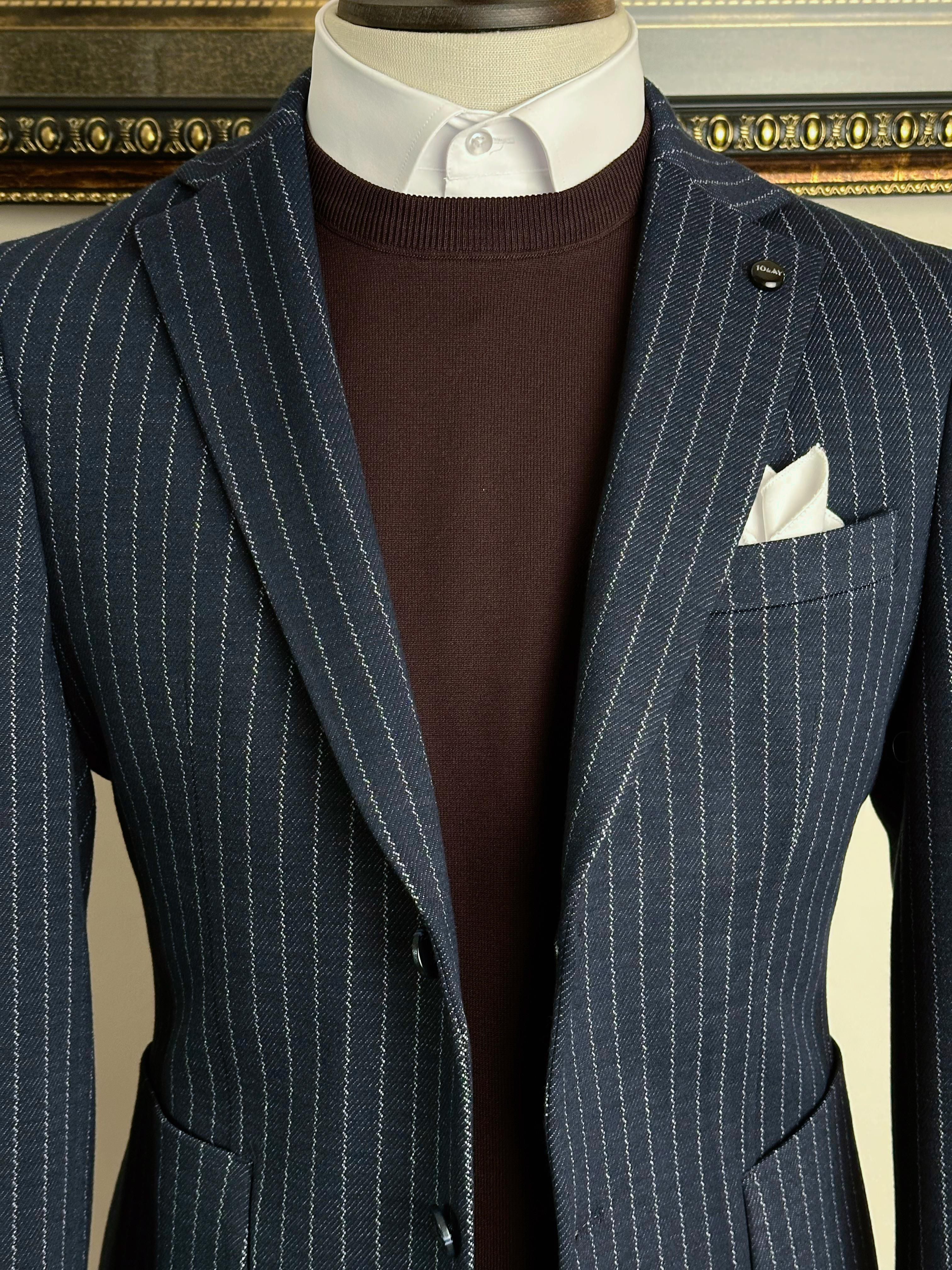 Erkek Slim Fit Çizgili Lacivert Renk Tek Ceket