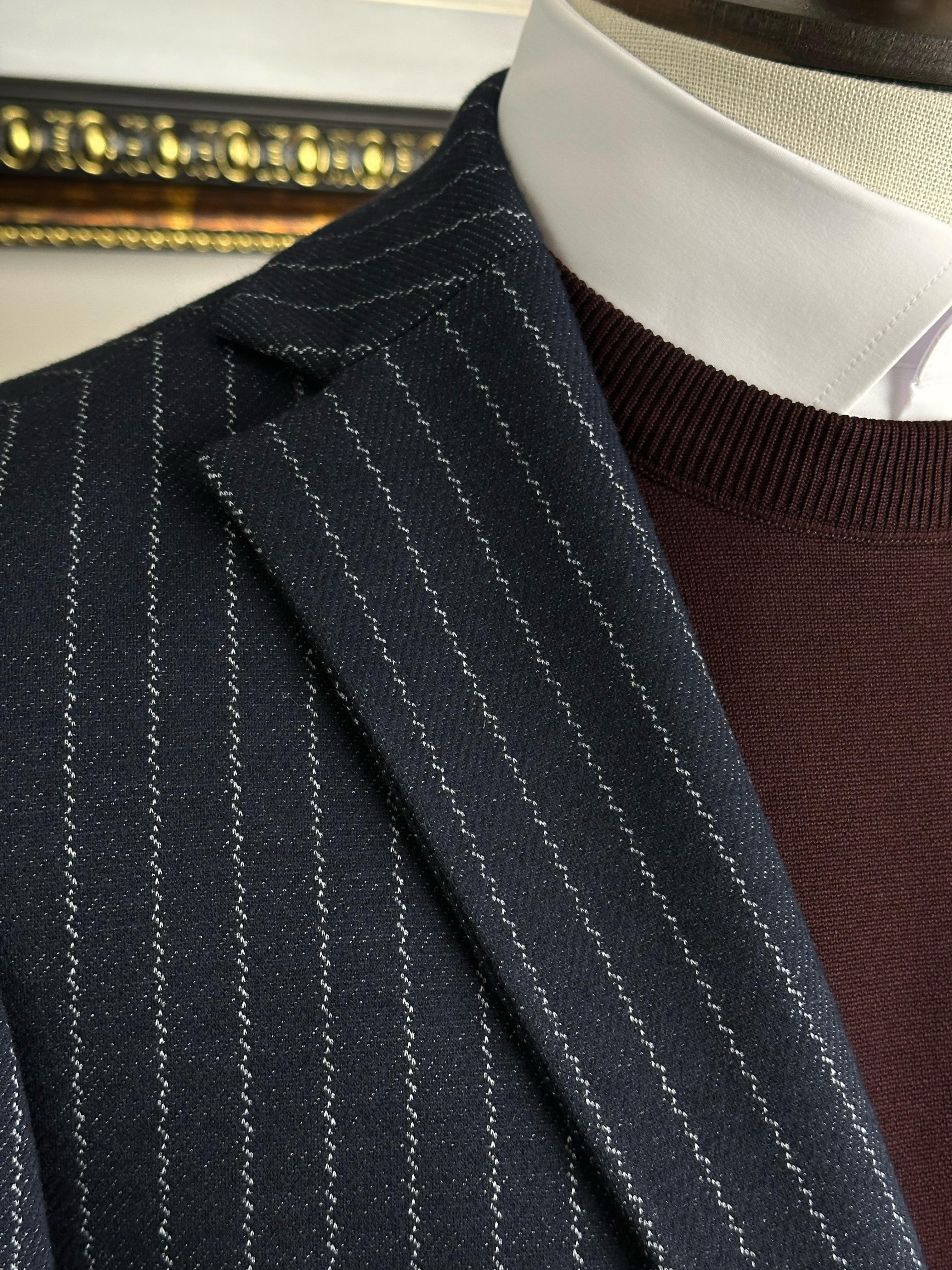 Erkek Slim Fit Çizgili Lacivert Renk Tek Ceket