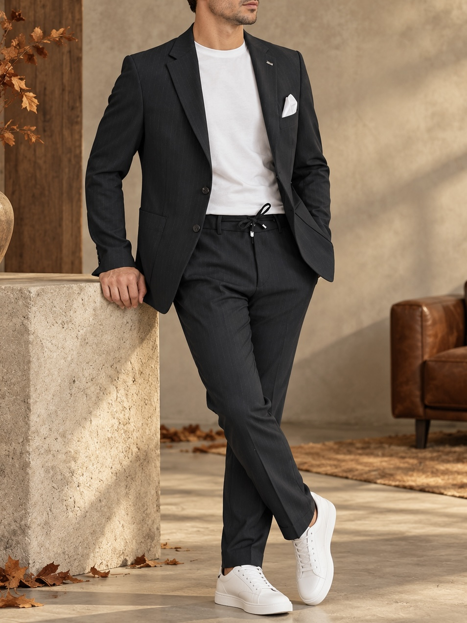 Erkek Slim Fit Çizgili Spor Takım Elbise