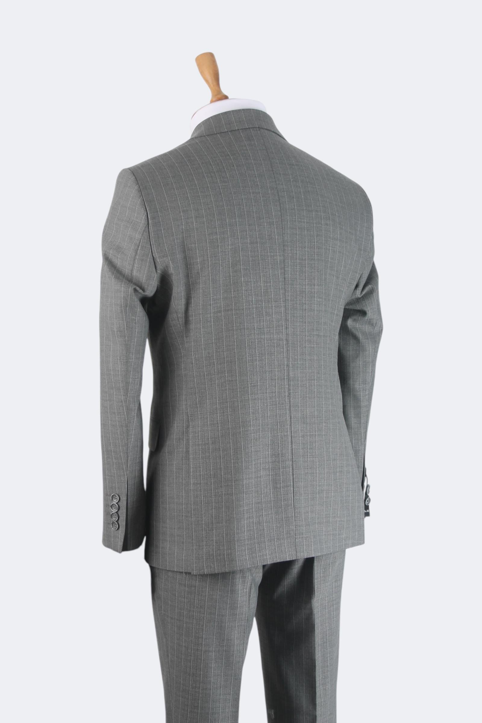 Erkek Slim Fit Gri Renk Çizgili Kruvaze Takım Elbise