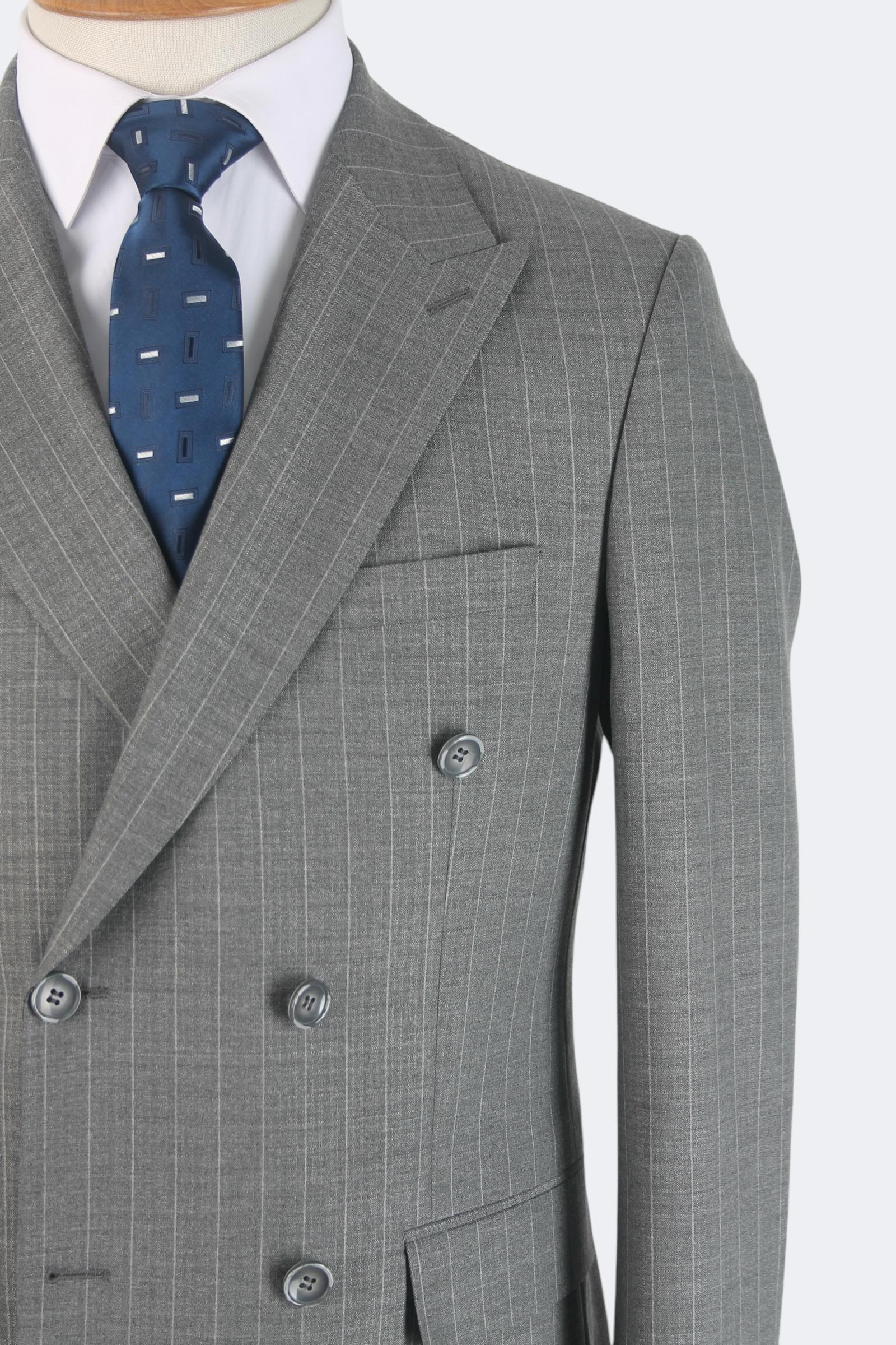 Erkek Slim Fit Gri Renk Çizgili Kruvaze Takım Elbise